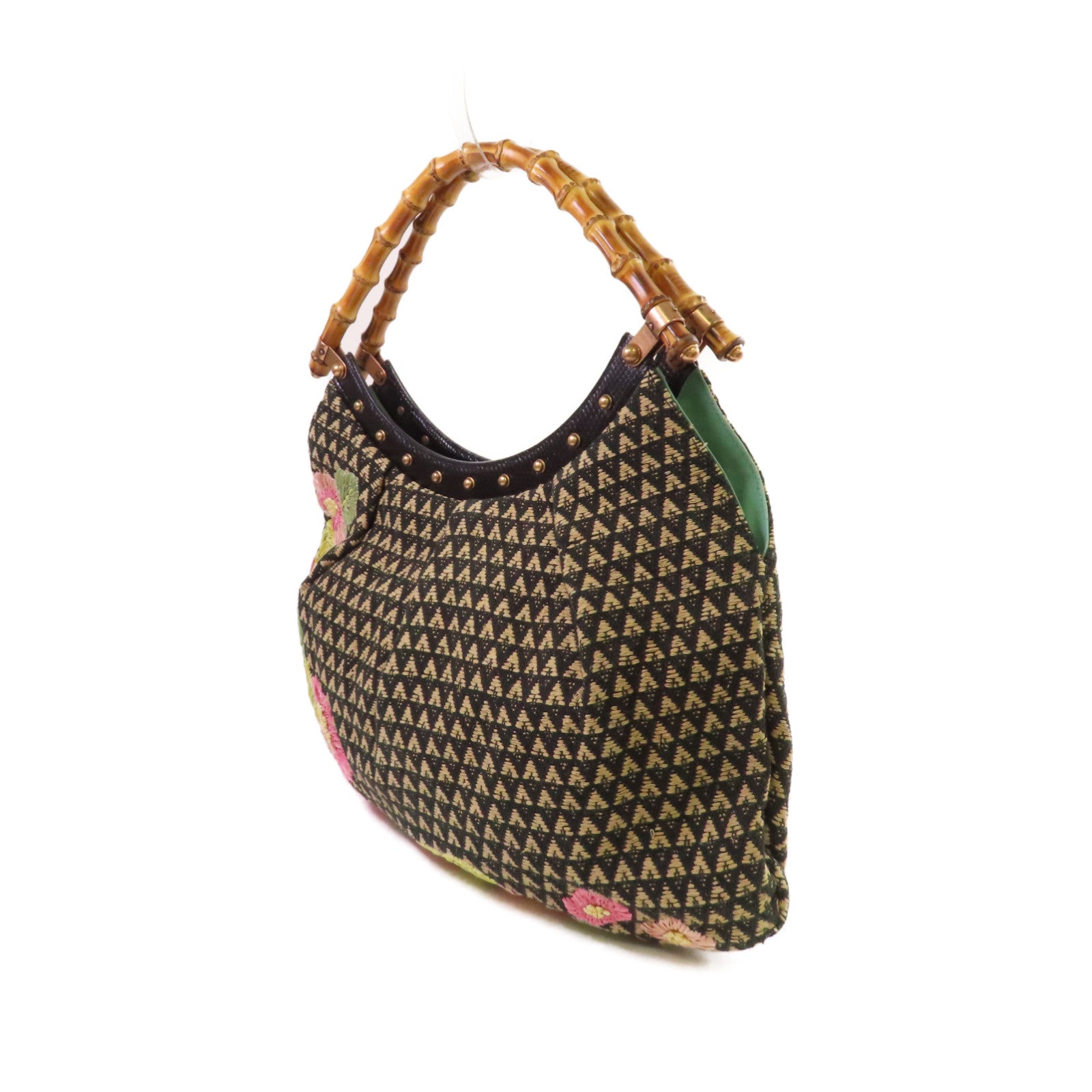 GUCCI 帆布Raffia Flowers Bamboo Hobo金扣手挽袋黑色