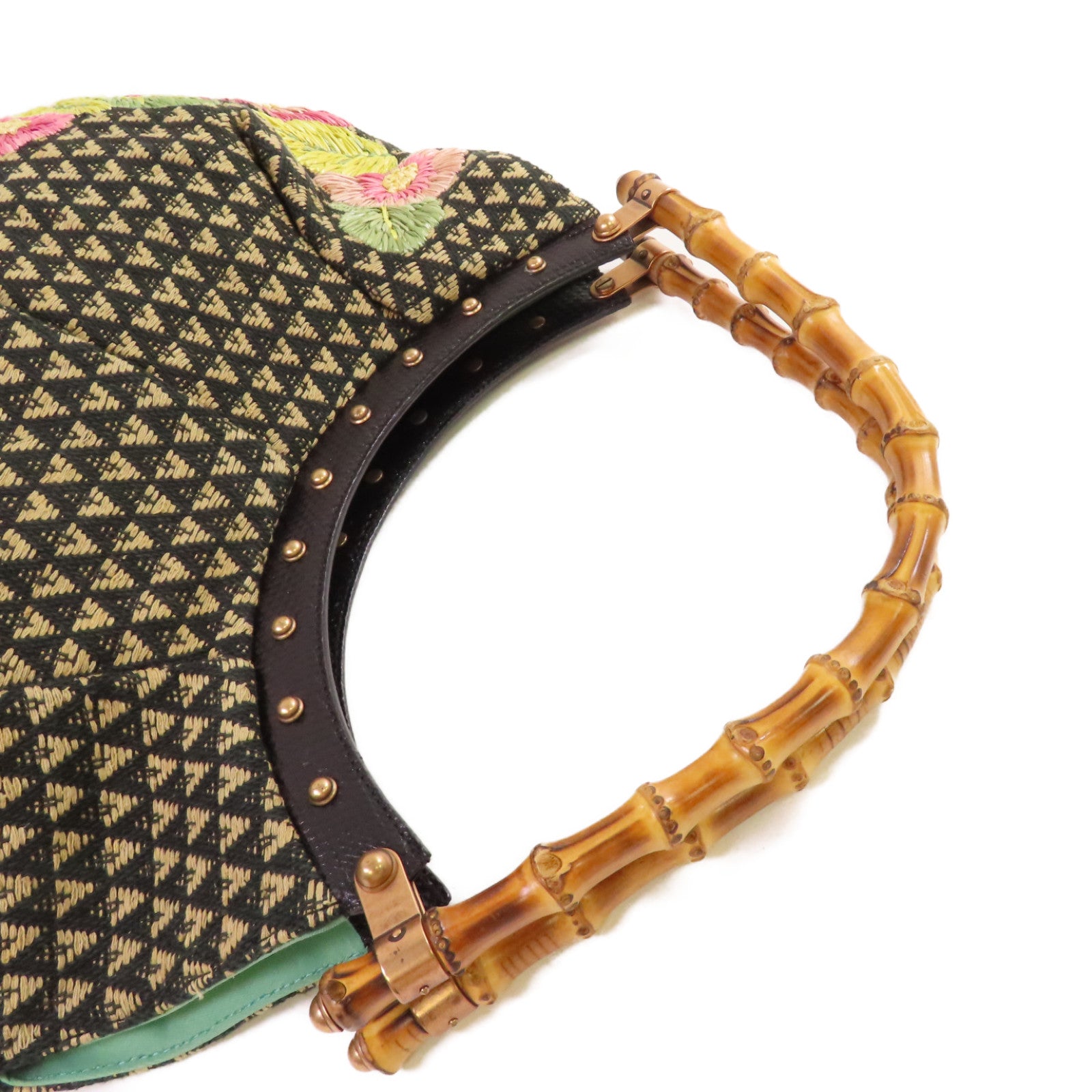 GUCCI 帆布Raffia Flowers Bamboo Hobo金扣手挽袋黑色