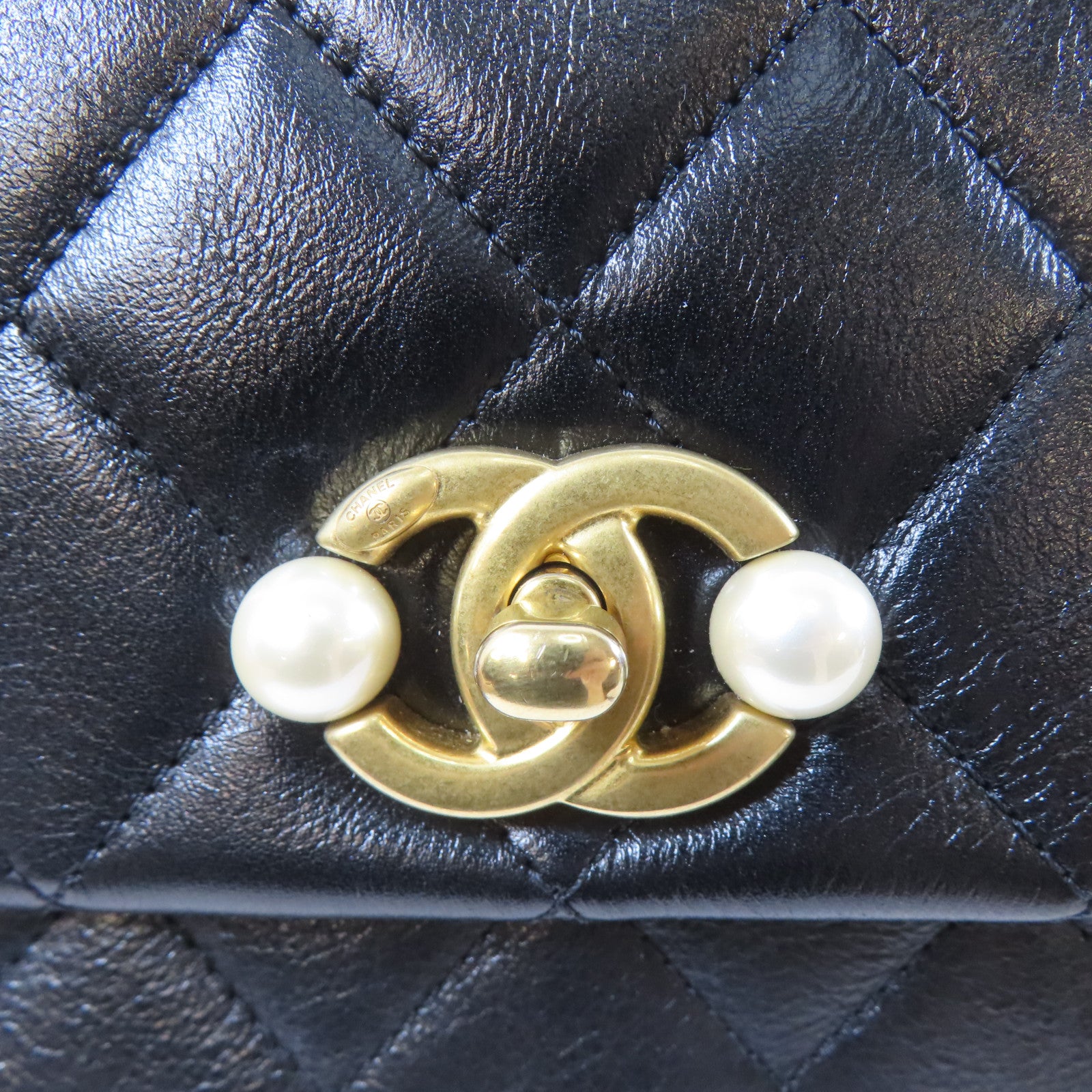 CHANEL 【激減優惠】菱格牛皮皮革Pearl Flap Bag金扣鏈帶肩背袋黑色