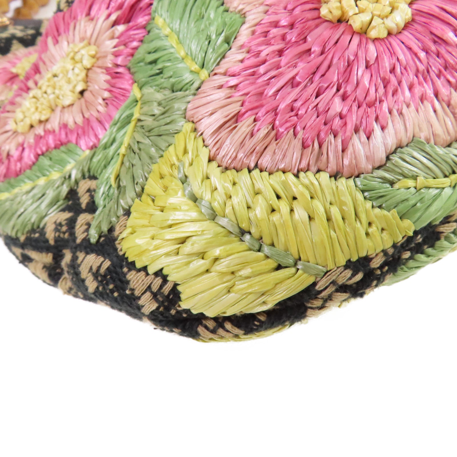 GUCCI 帆布Raffia Flowers Bamboo Hobo金扣手挽袋黑色