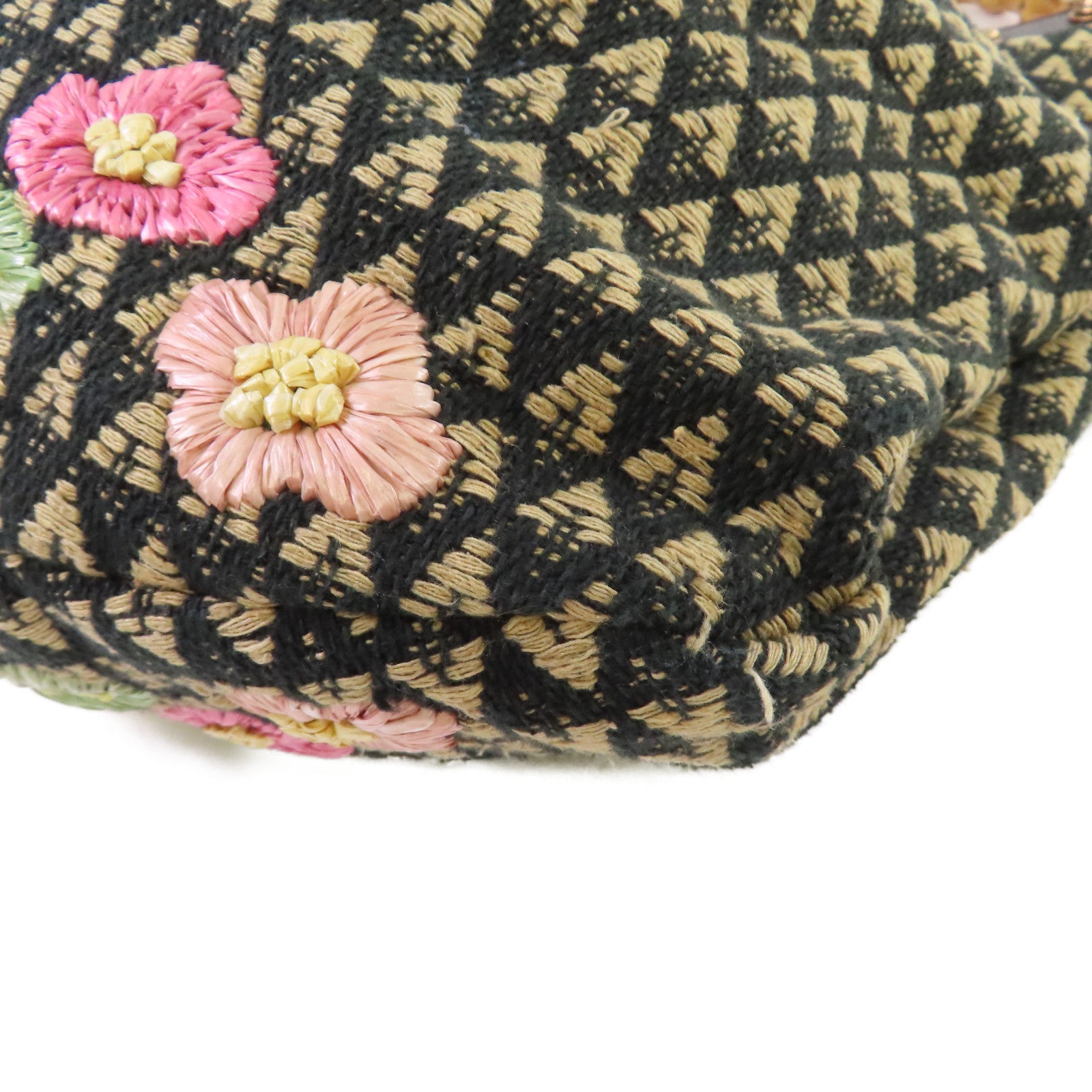 GUCCI 帆布Raffia Flowers Bamboo Hobo金扣手挽袋黑色
