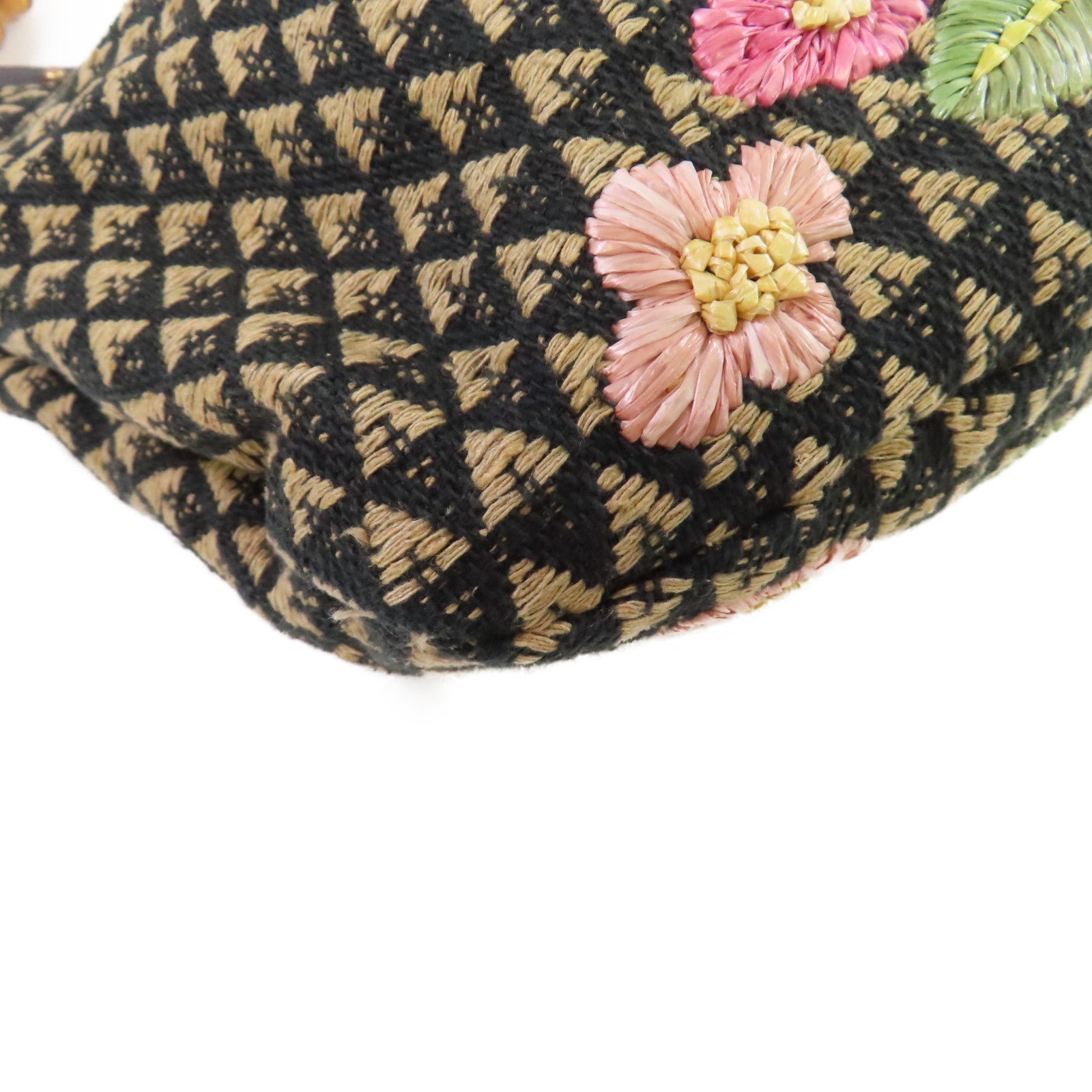 GUCCI 帆布Raffia Flowers Bamboo Hobo金扣手挽袋黑色