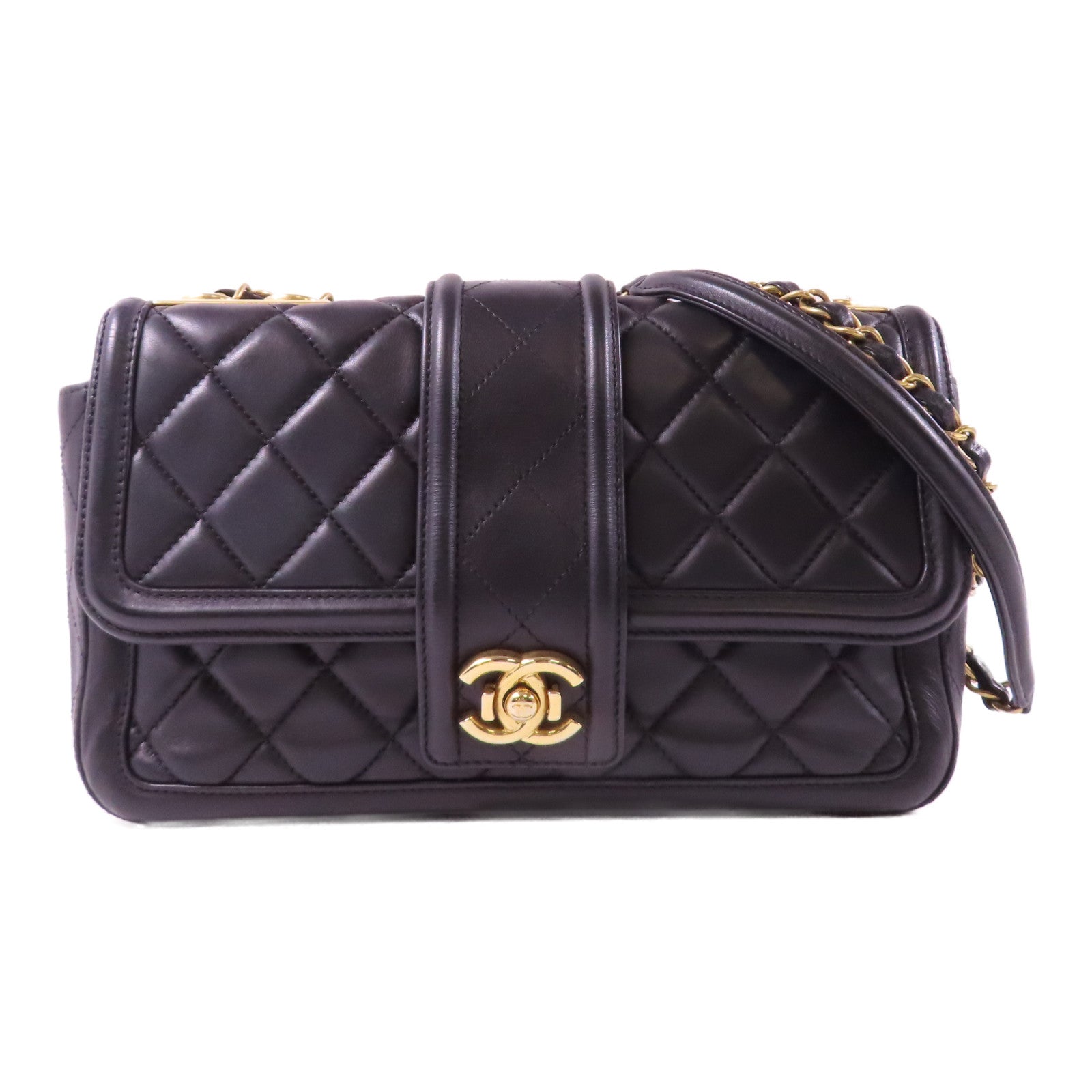 CHANEL 【激減優惠】菱格羊皮皮革Chain Shoulder金扣鏈帶肩背袋黑色