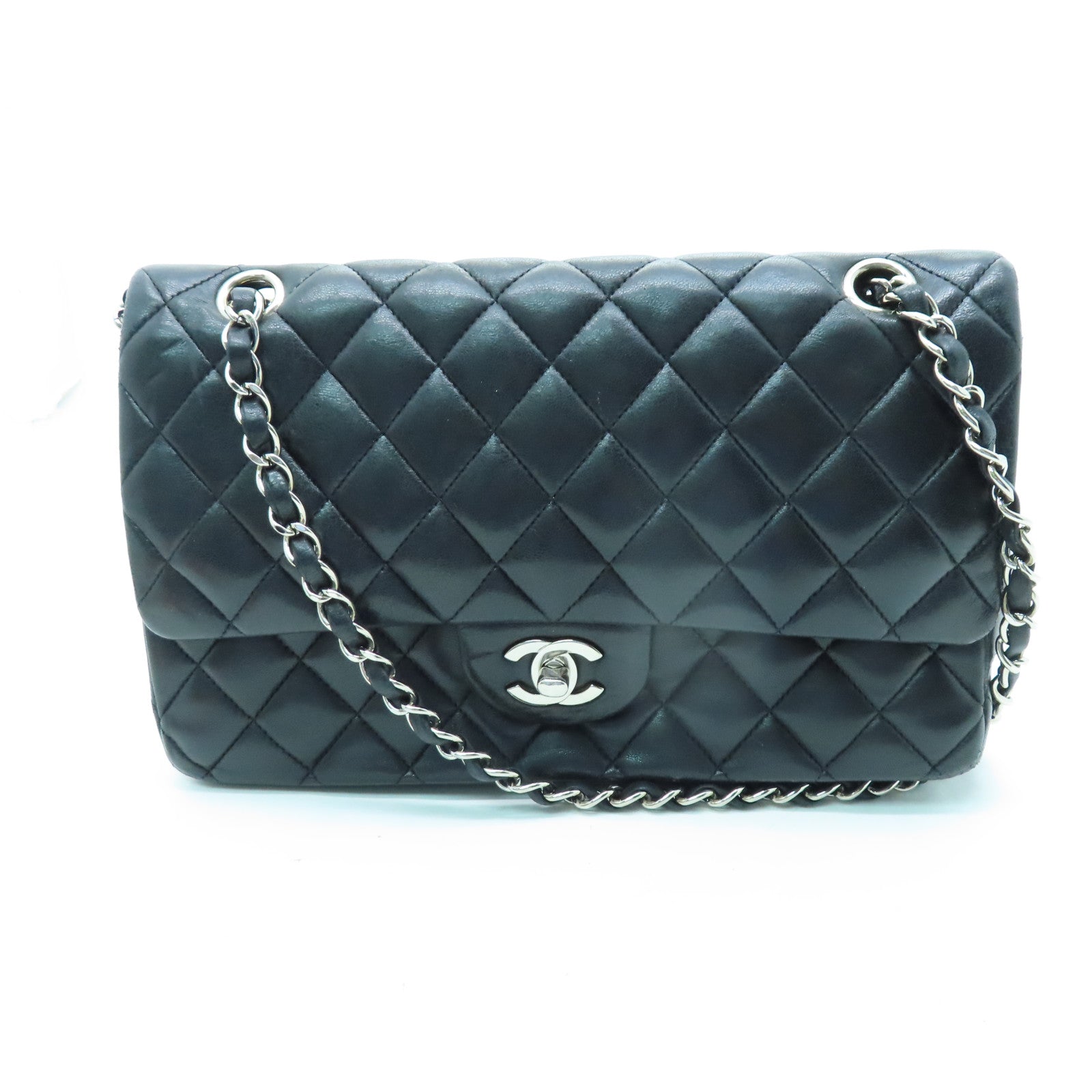 CHANEL 【清倉大減價】菱格羊皮皮革Classic 25cm金扣手挽肩背兩用袋黑色