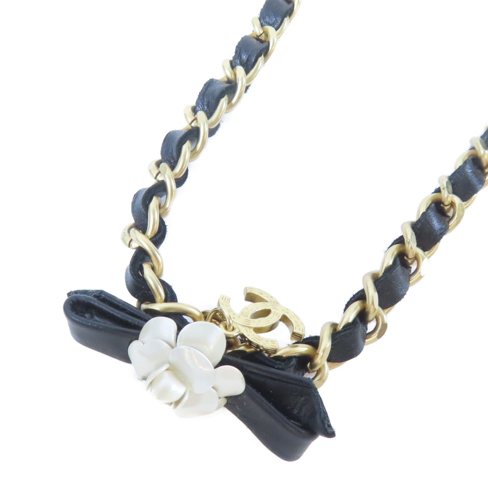 CHANEL 皮革/金屬Necklace項鍊黑色/金色