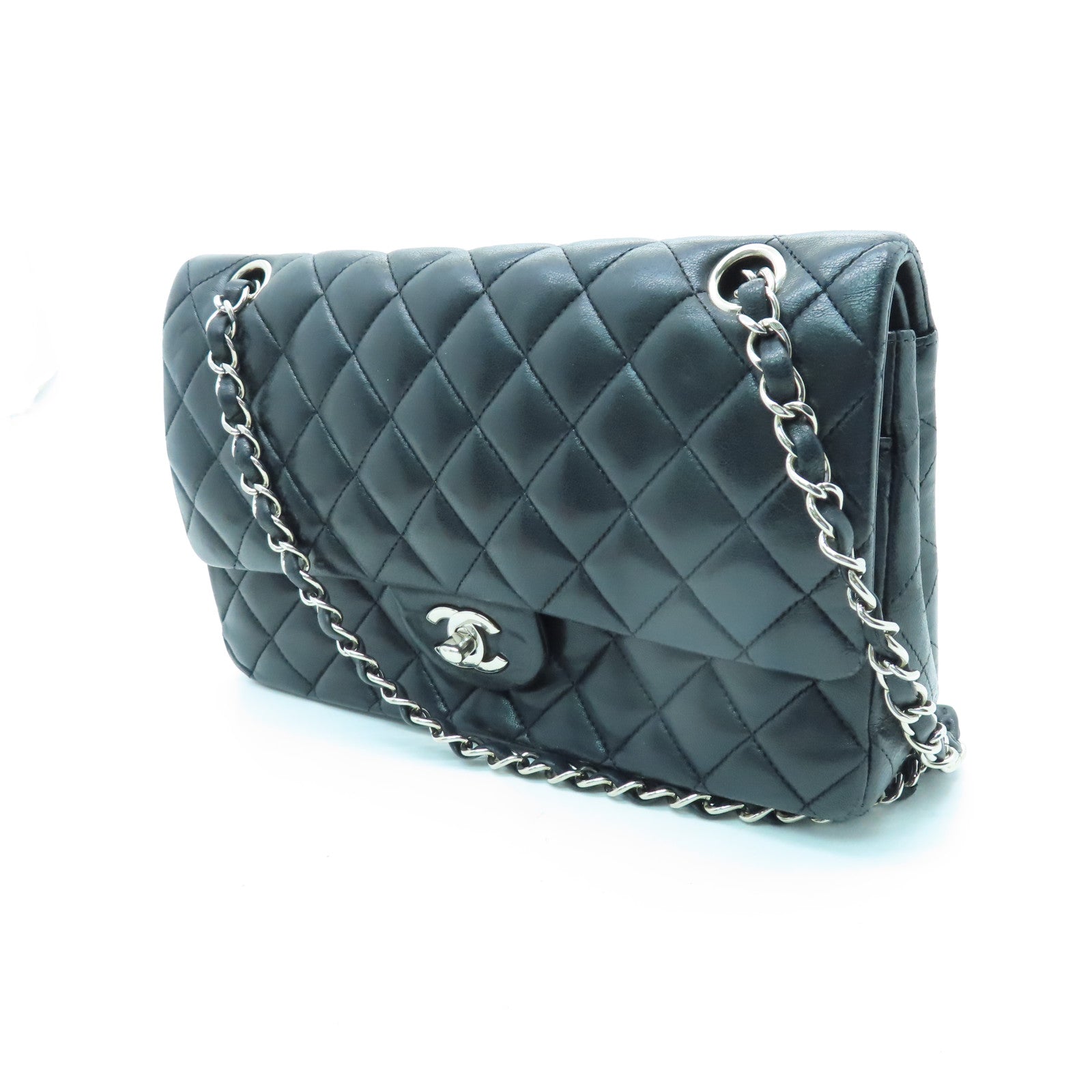 CHANEL 【清倉大減價】菱格羊皮皮革Classic 25cm金扣手挽肩背兩用袋黑色