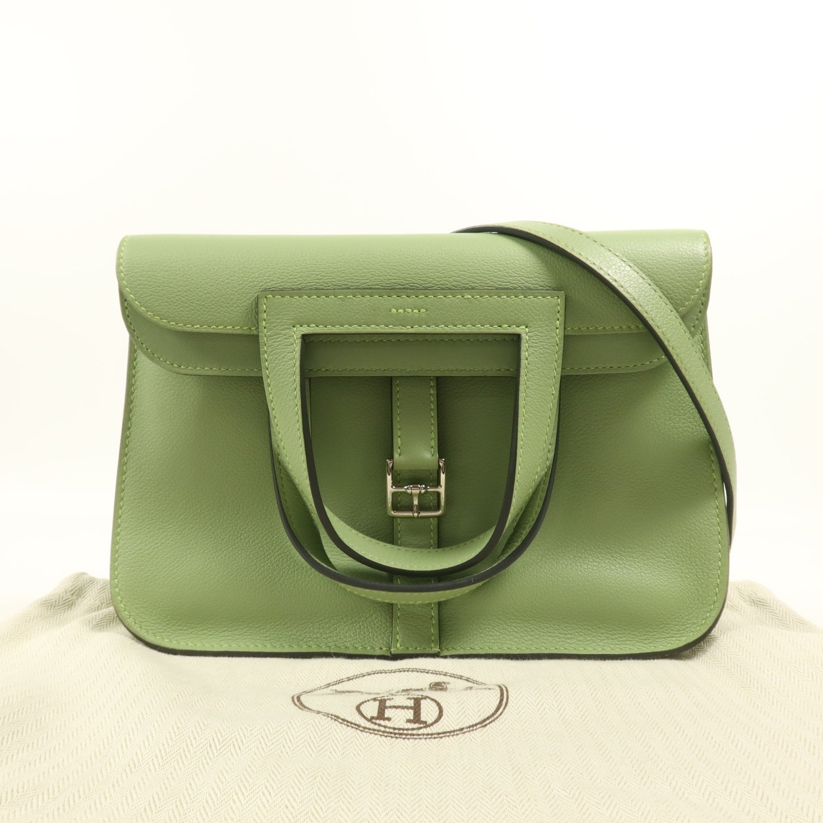 HERMES 【激減優惠】Evercolor皮革Halzan 25銀扣手挽肩背兩用袋Vert Criquet