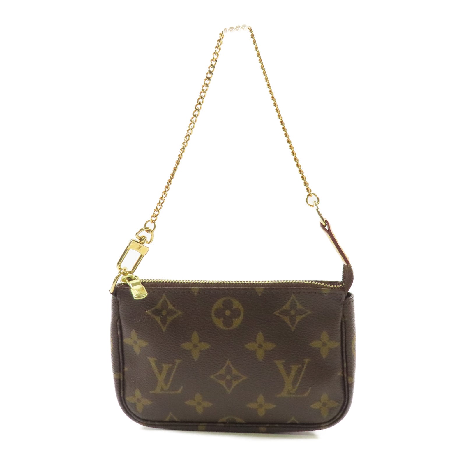 LOUIS VUITTON Monogram Mini Pochette Accessoires金扣手挽袋棕色