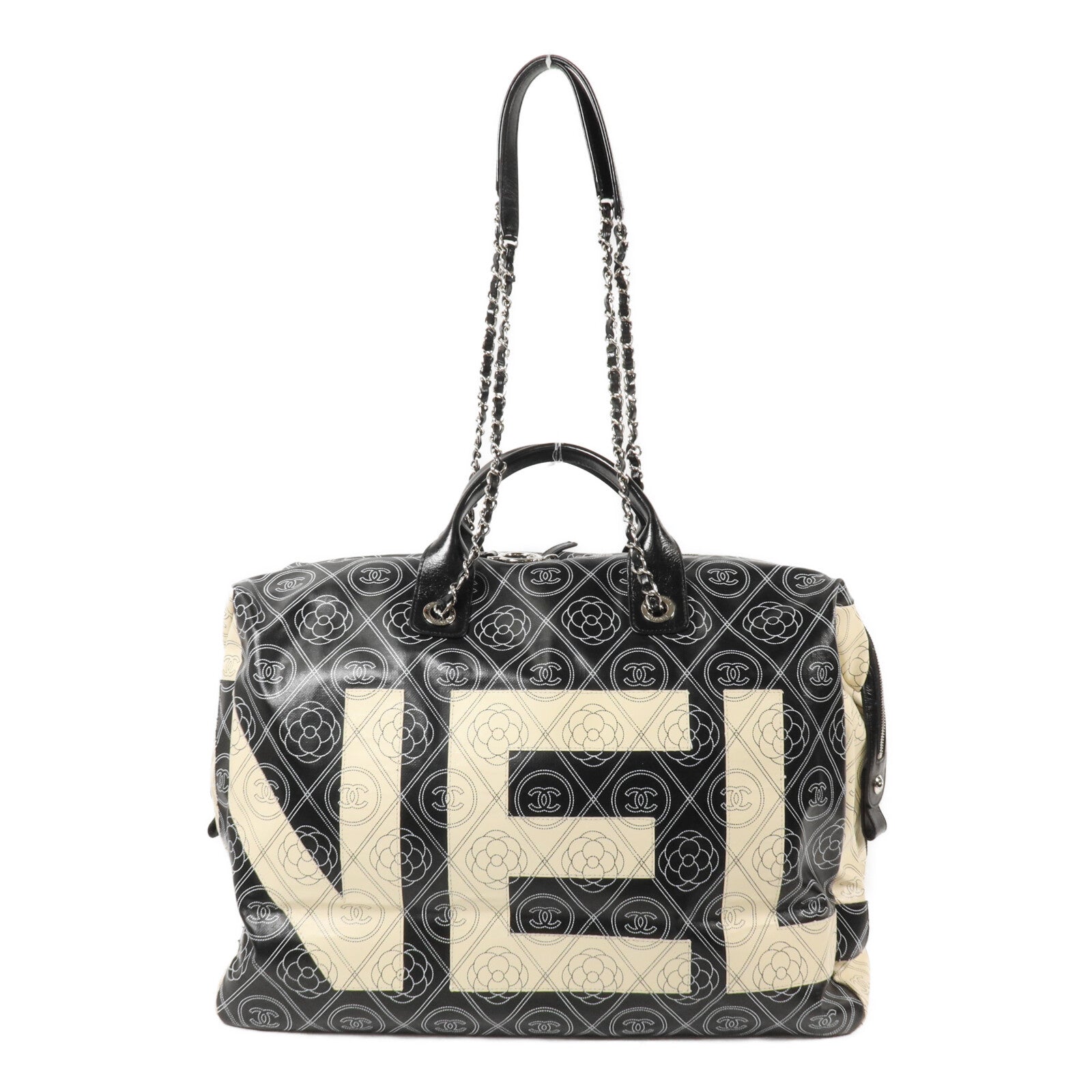 CHANEL 塗層帆布Maxi Bowling Bag鏈帶手挽肩背兩用袋