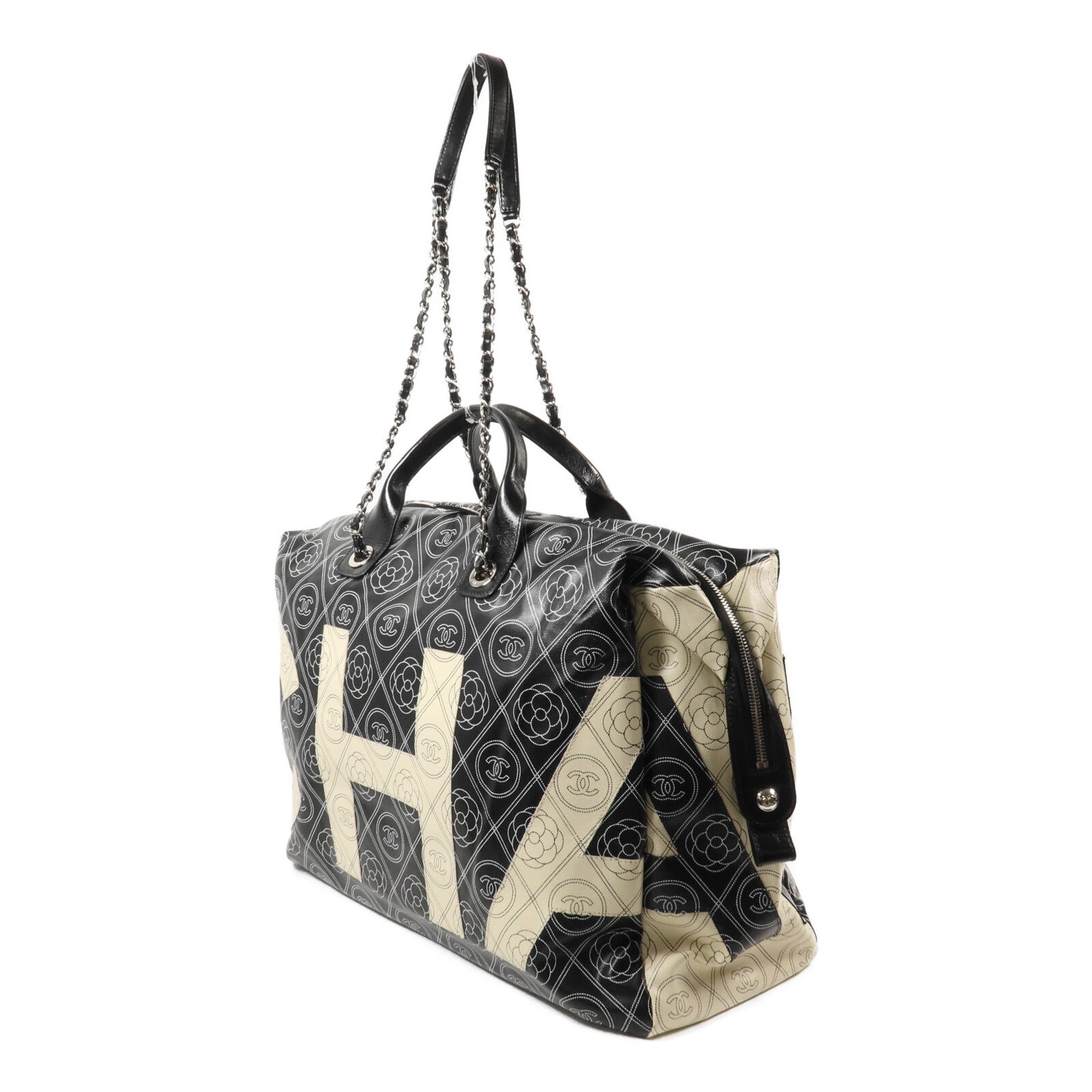 CHANEL 塗層帆布Maxi Bowling Bag鏈帶手挽肩背兩用袋
