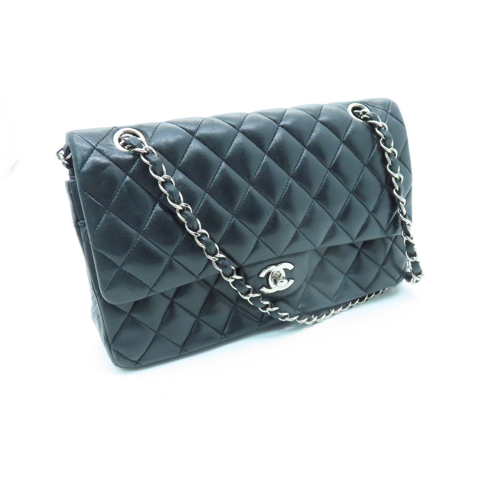 CHANEL 【清倉大減價】菱格羊皮皮革Classic 25cm金扣手挽肩背兩用袋黑色