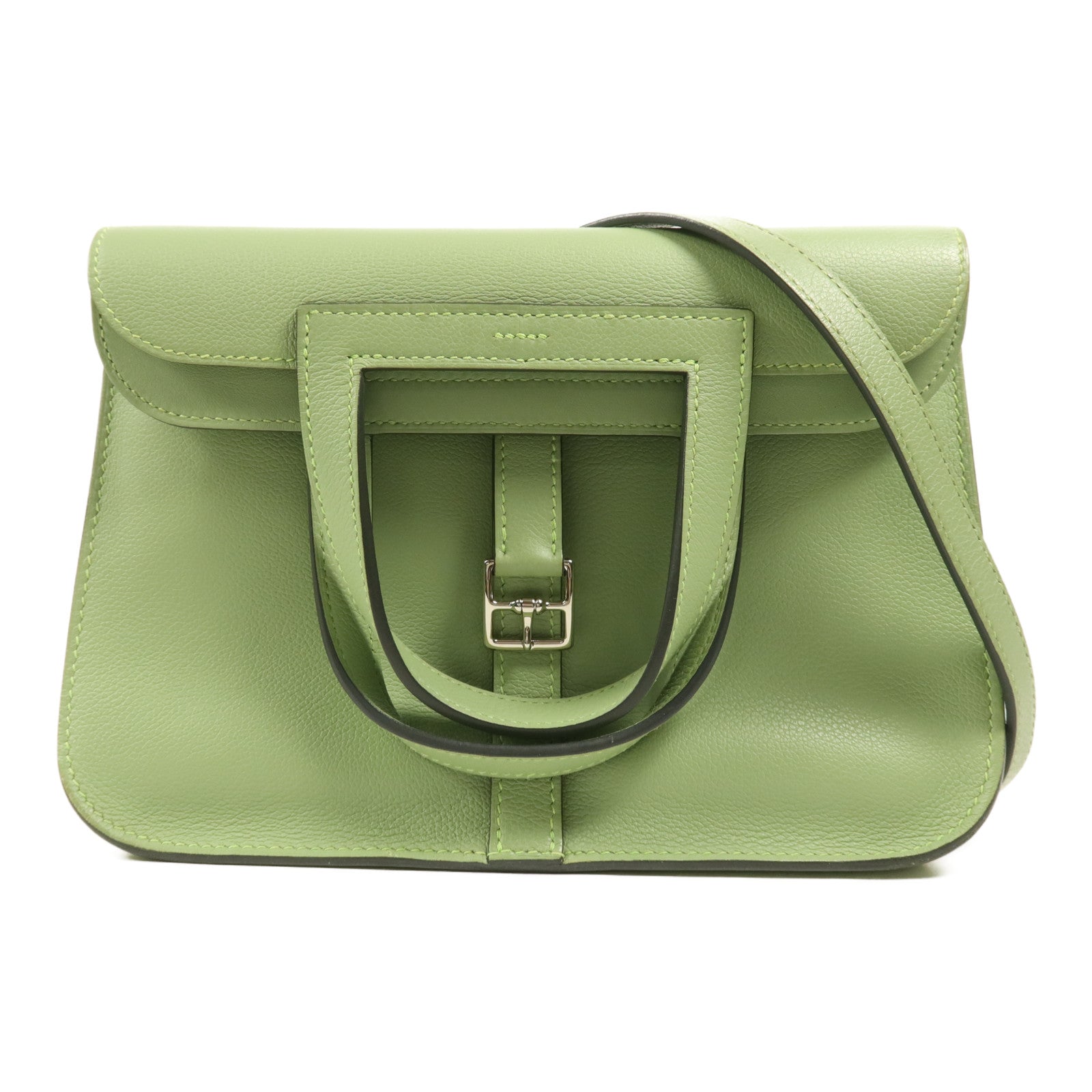 HERMES Evercolor皮革Halzan 25銀扣手挽肩背兩用袋Vert Criquet