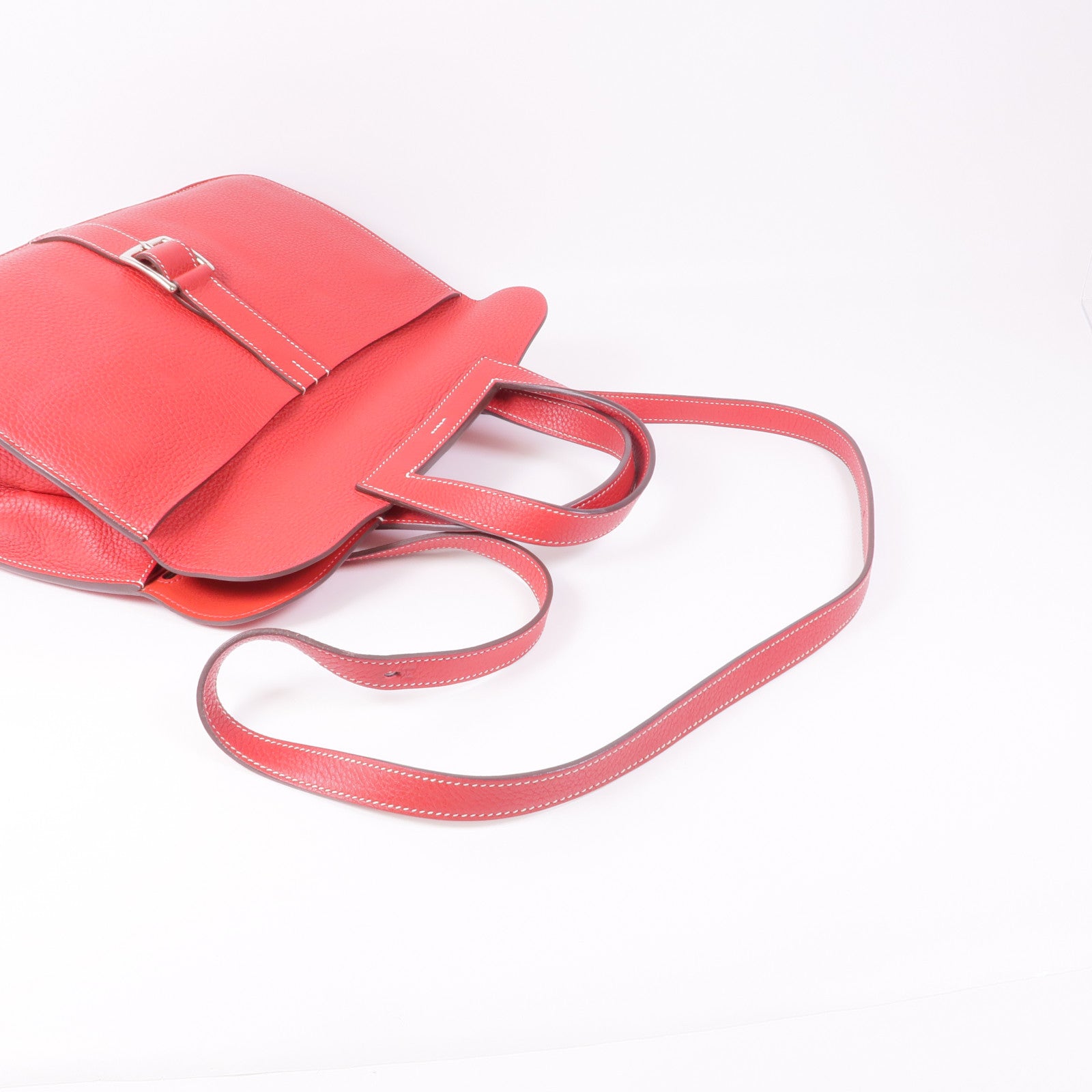 HERMES Clemence皮革Halzan 31銀扣手挽肩背兩用袋Rouge Casaque
