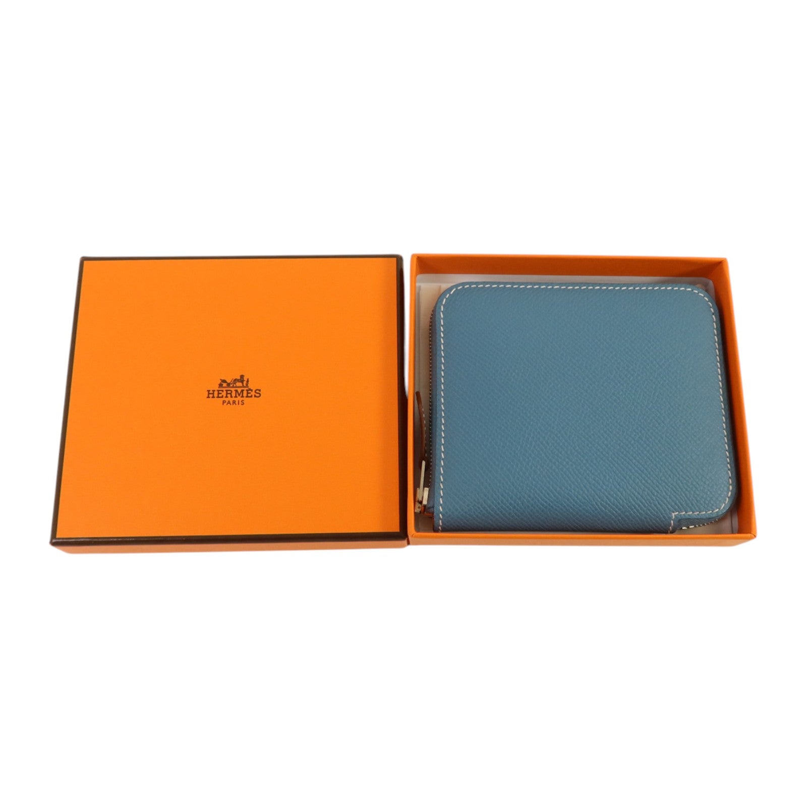 HERMES Epsom皮革Silk In Compact銀扣錢包Blue Jeans