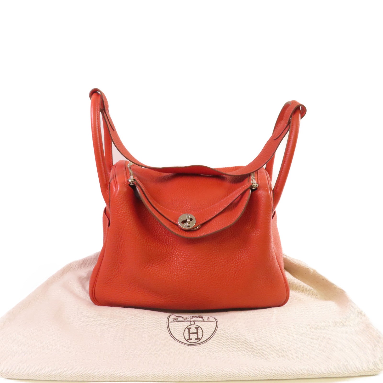 HERMES Clemence皮革Lindy 30 Shoulder Bag銀扣肩背袋Sanguine三文魚色/Rouge Pivoine牡丹紅色