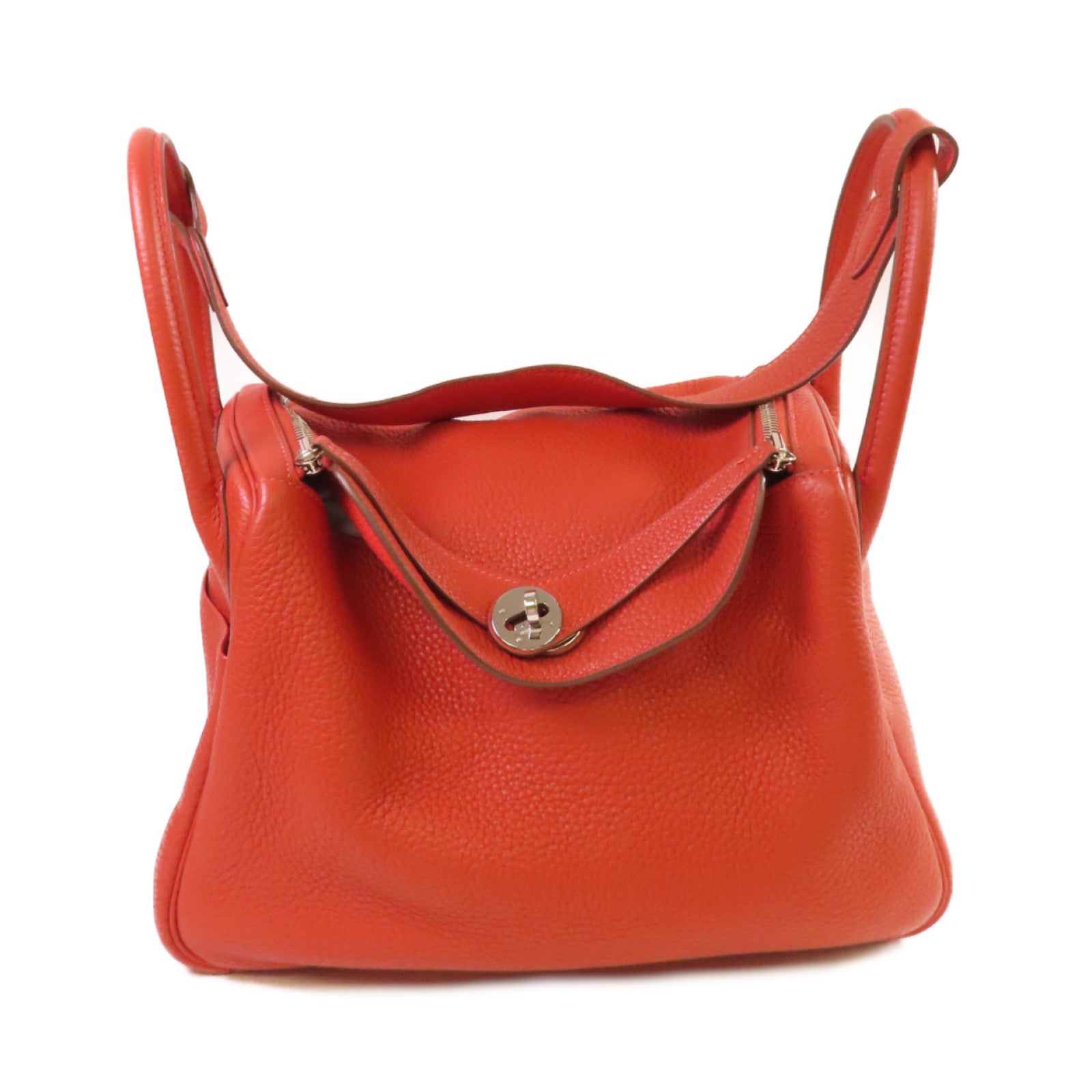 HERMES Clemence皮革Lindy 30 Shoulder Bag銀扣肩背袋Sanguine三文魚色/Rouge Pivoine牡丹紅色