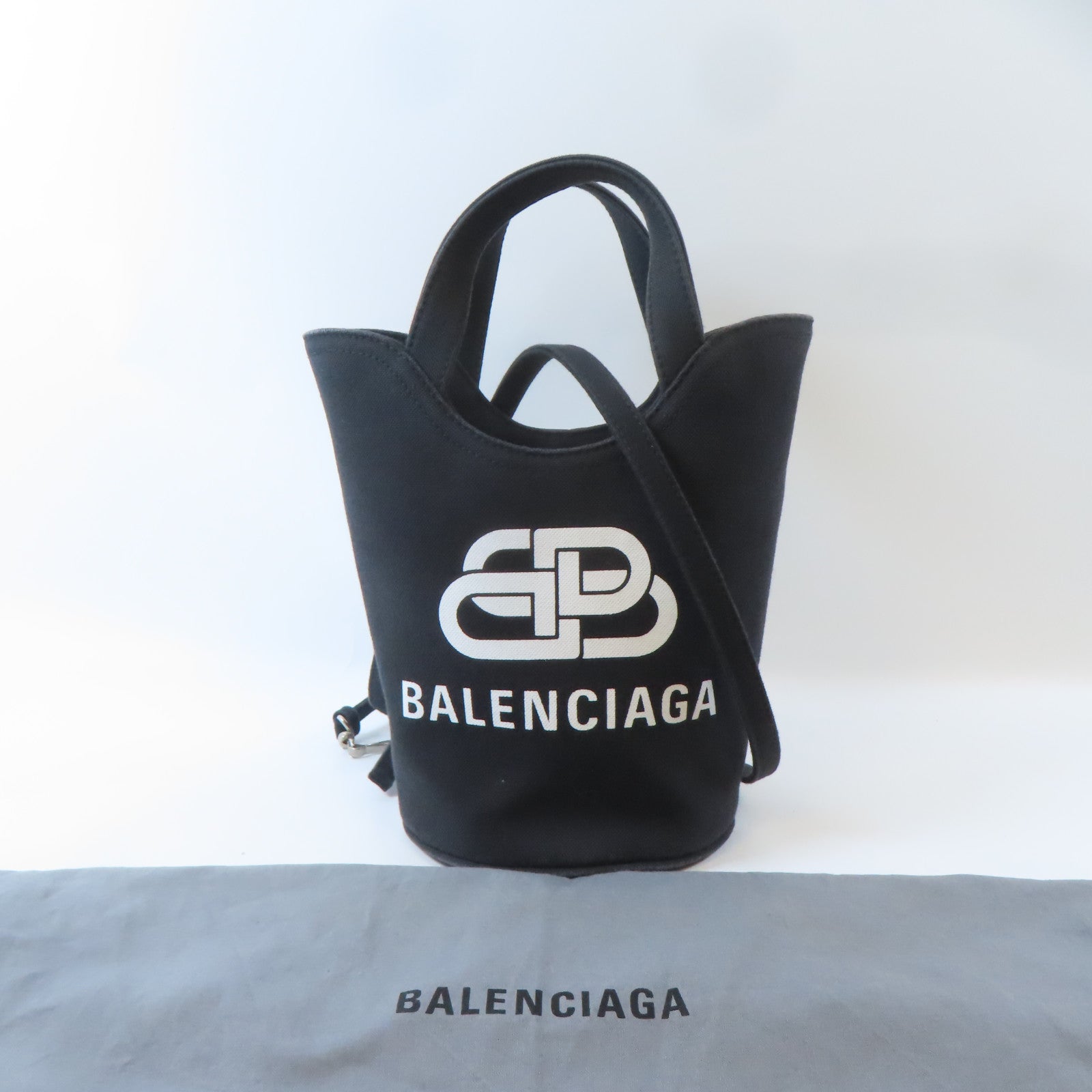 BALENCIAGA 帆布Wave Tote XS銀扣手挽肩背兩用袋黑色