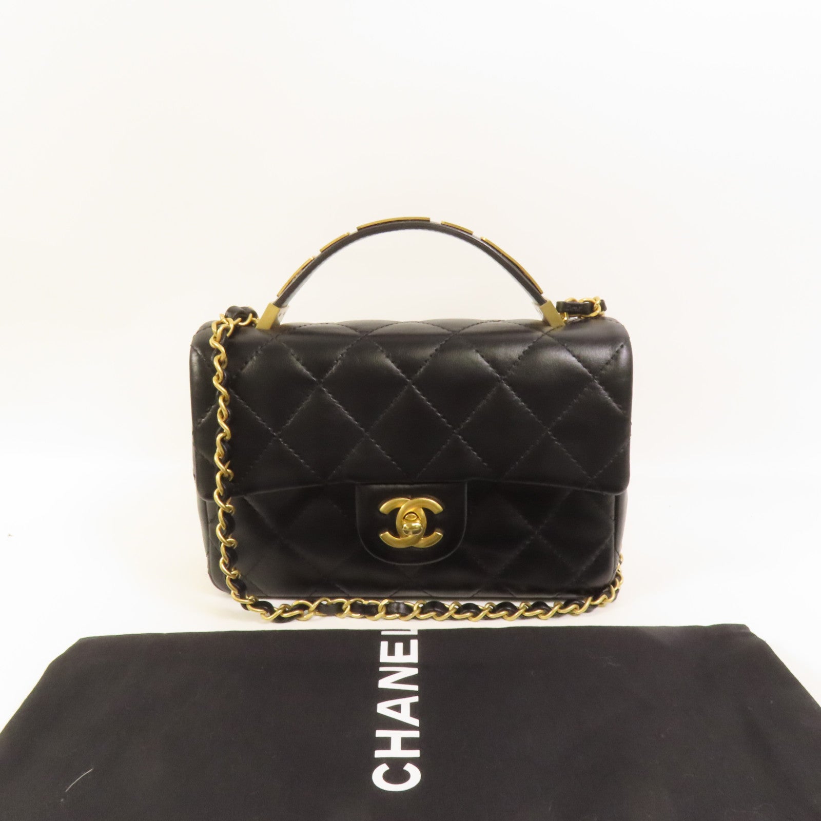 CHANEL 牛皮皮革Top Handle金扣手挽肩背兩用袋