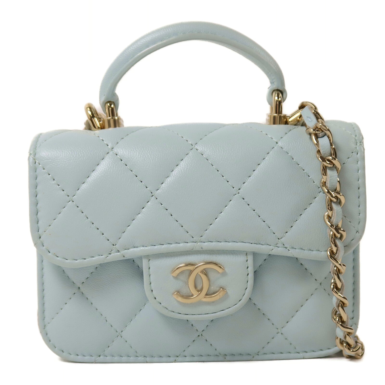 CHANEL 羊皮皮革Top Handle Flap金扣鏈帶手挽肩背兩用袋
