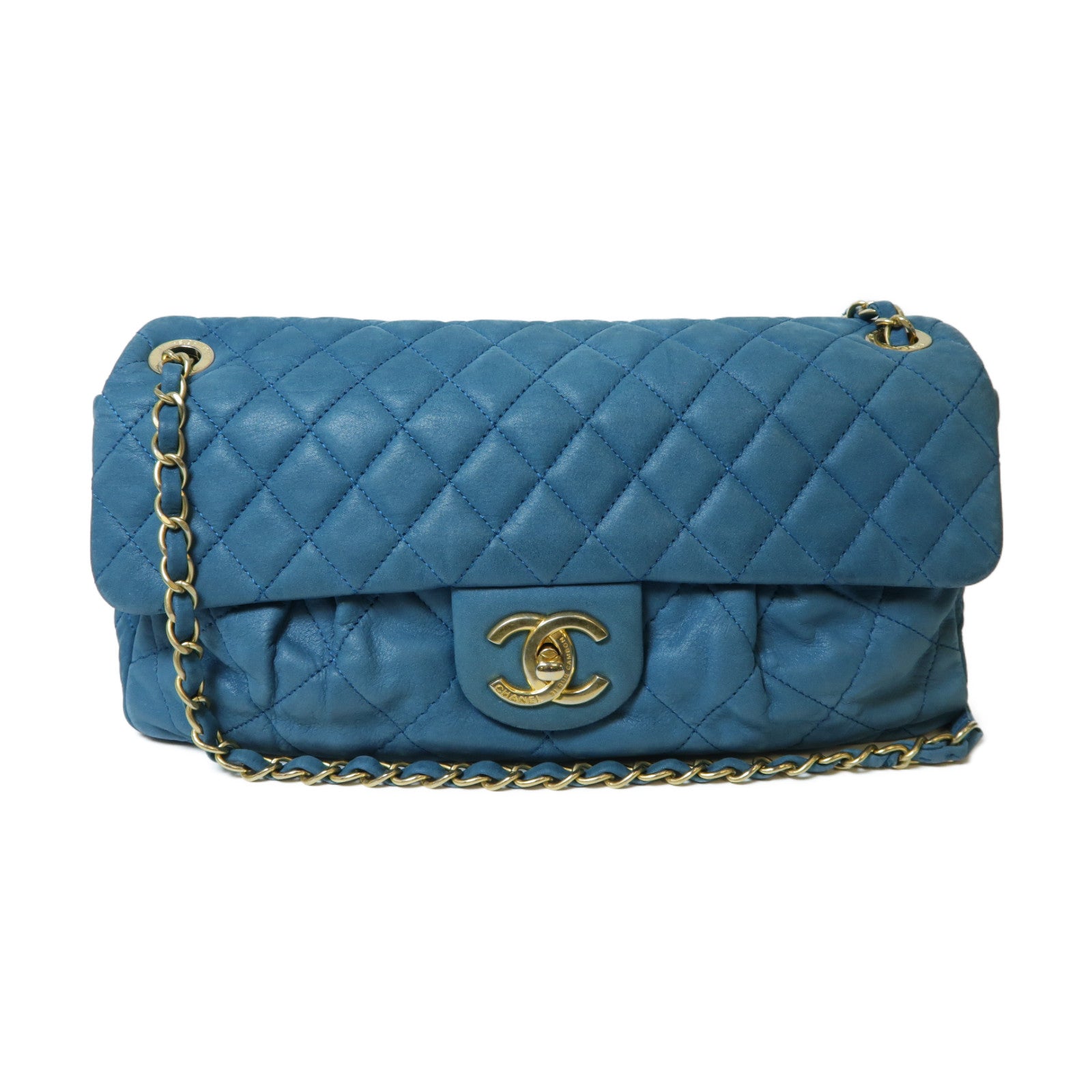 CHANEL 菱格牛皮皮革Chain Shoulder金扣鏈帶肩背袋藍色