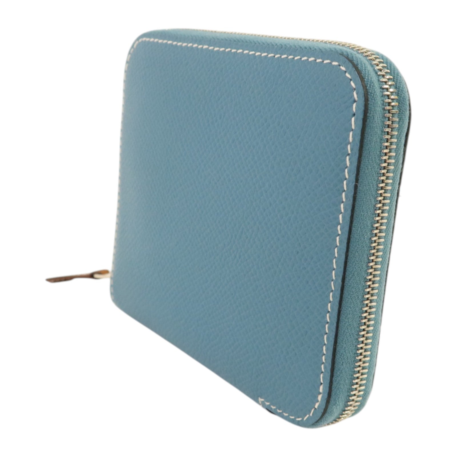 HERMES Epsom皮革Silk In Compact銀扣錢包Blue Jeans