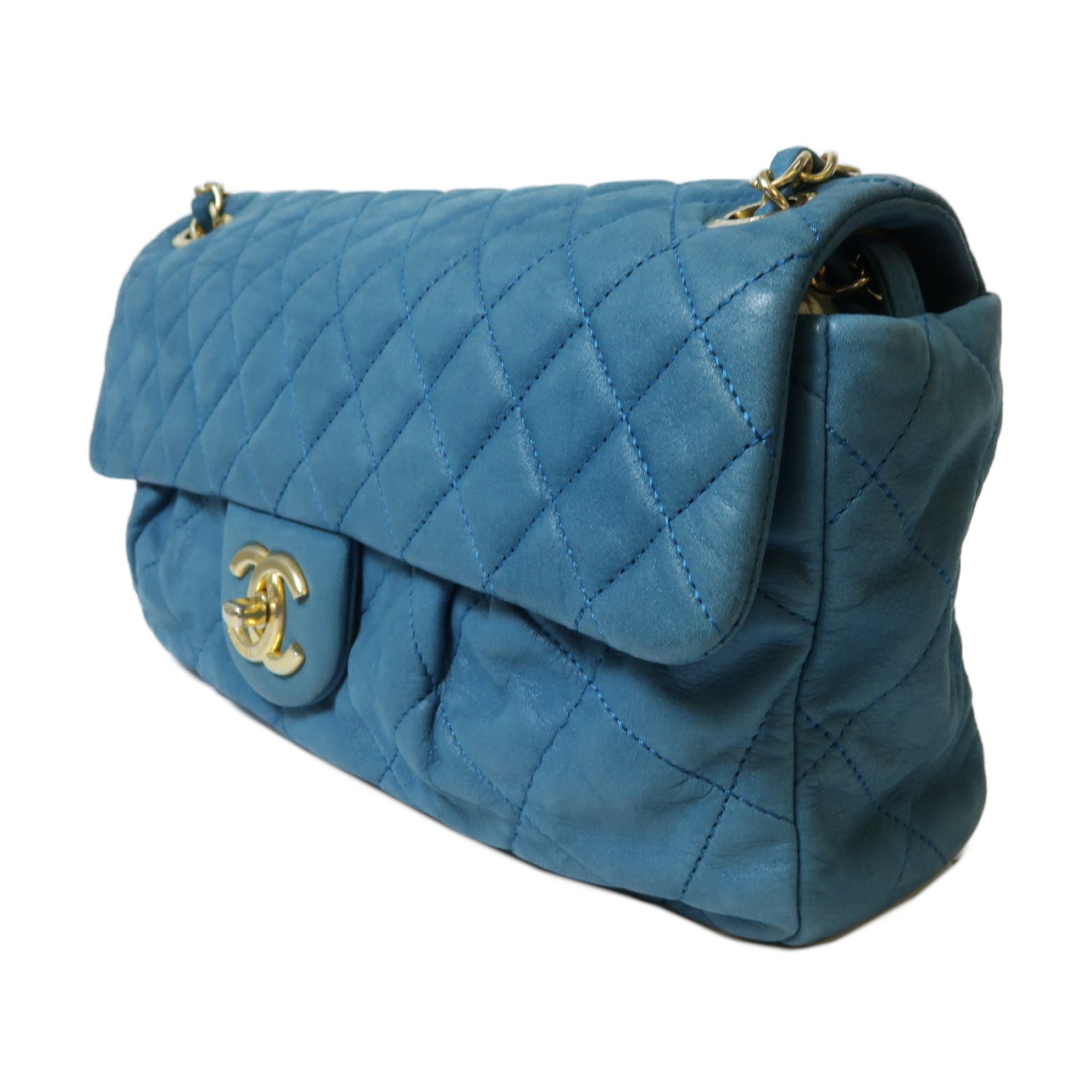 CHANEL 菱格牛皮皮革Chain Shoulder金扣鏈帶肩背袋藍色