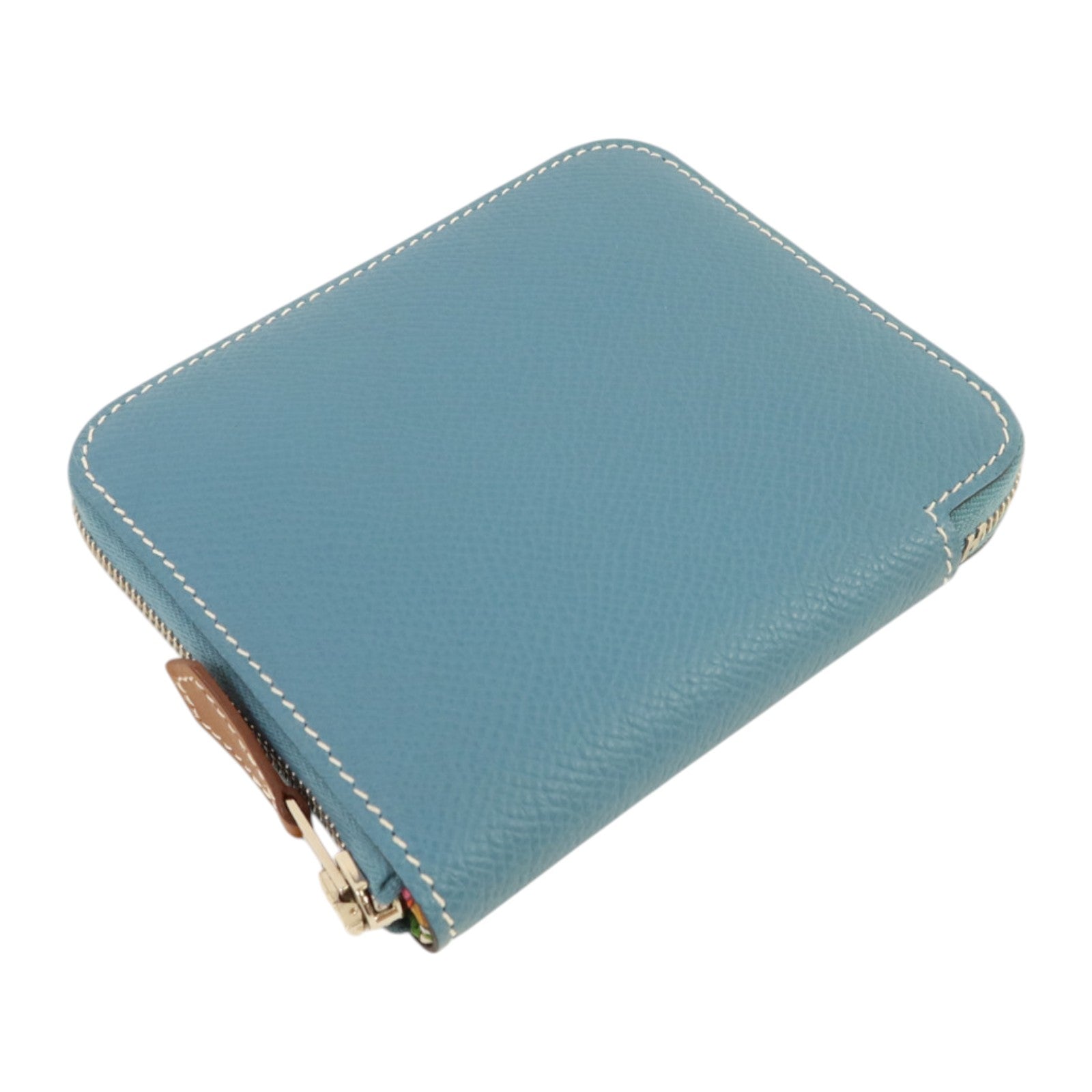 HERMES Epsom皮革Silk In Compact銀扣錢包Blue Jeans