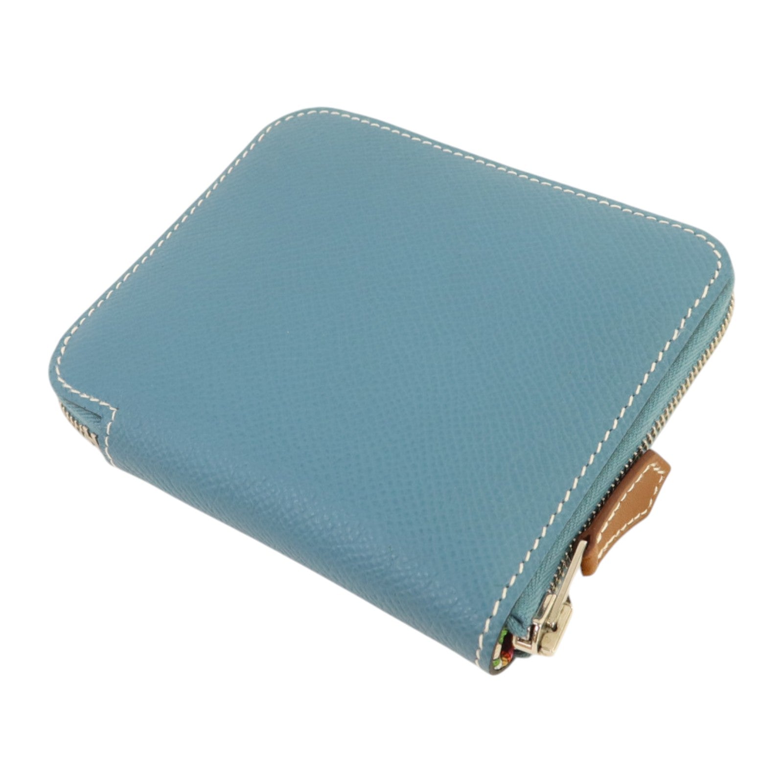 HERMES Epsom皮革Silk In Compact銀扣錢包Blue Jeans