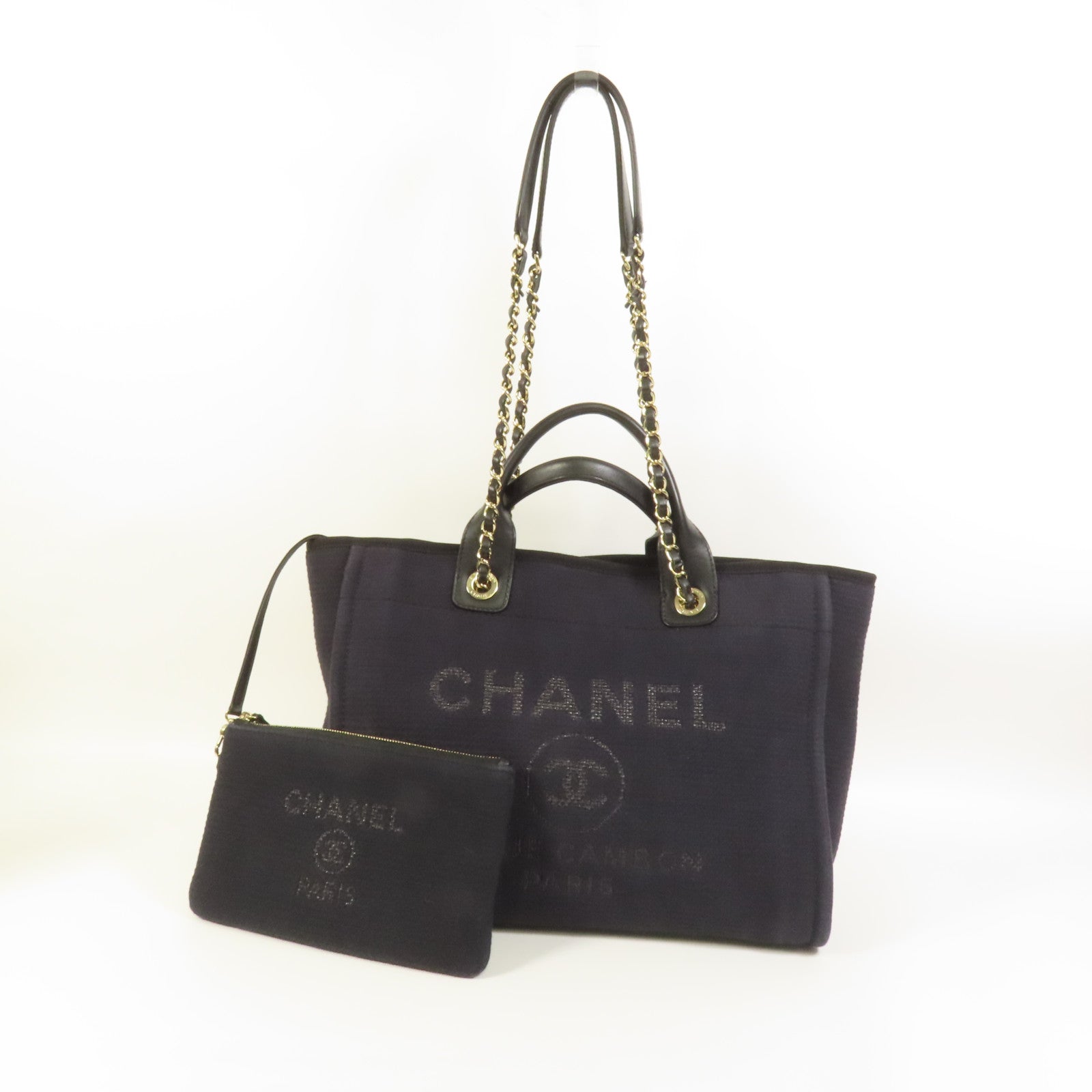 CHANEL 帆布Deauville Tote金扣手挽肩背兩用袋