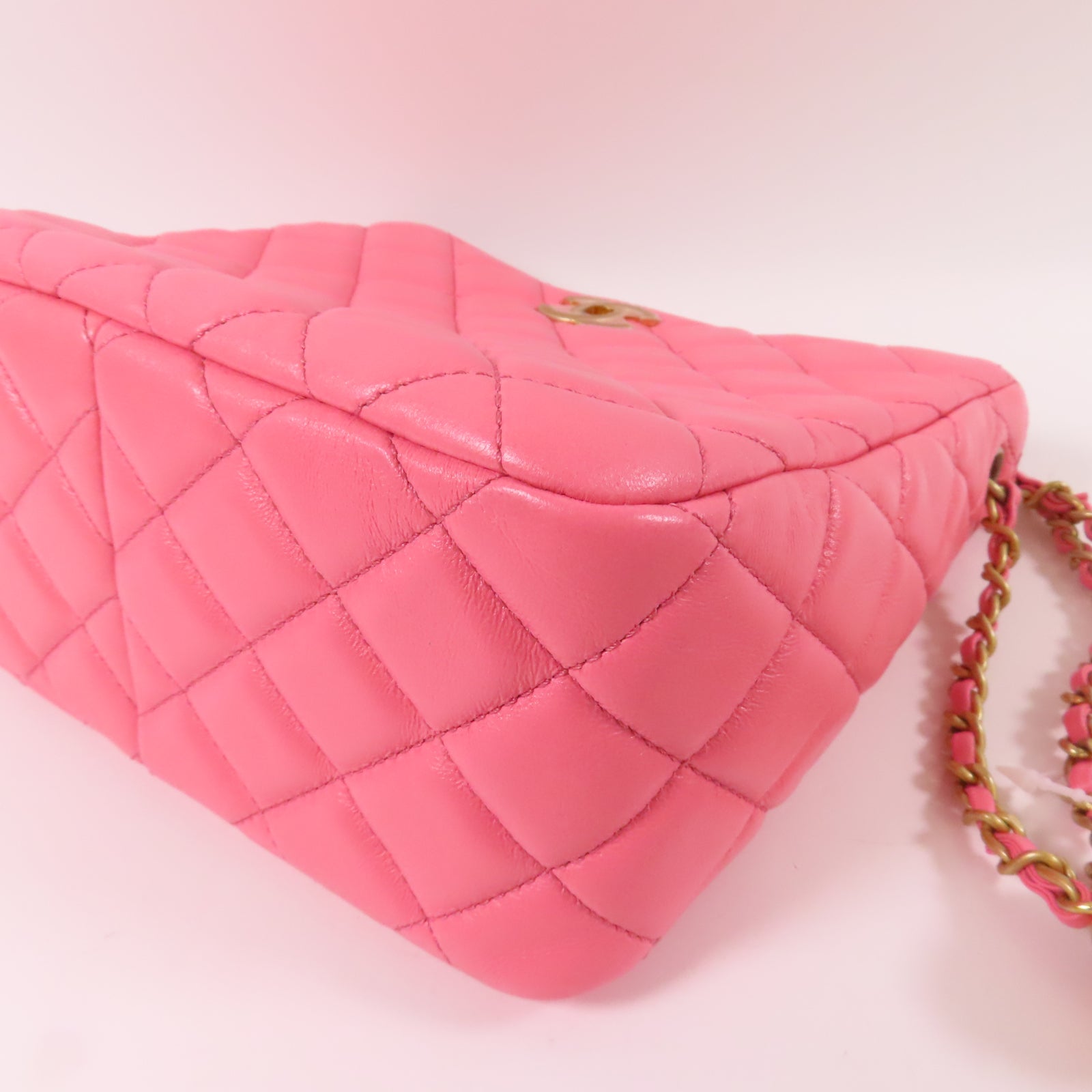 CHANEL 【激減優惠】菱格羊皮皮革Chain Shoulder金扣鏈帶肩背袋粉紅色