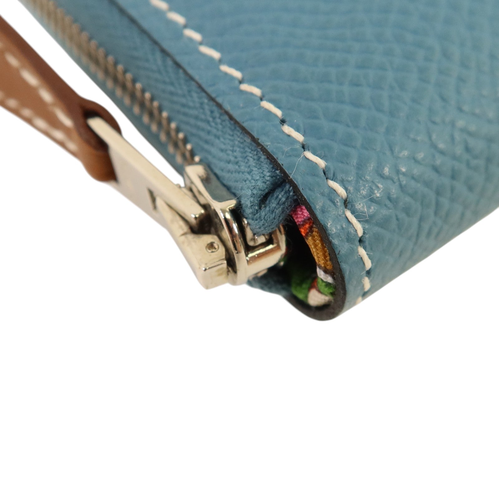 HERMES Epsom皮革Silk In Compact銀扣錢包Blue Jeans