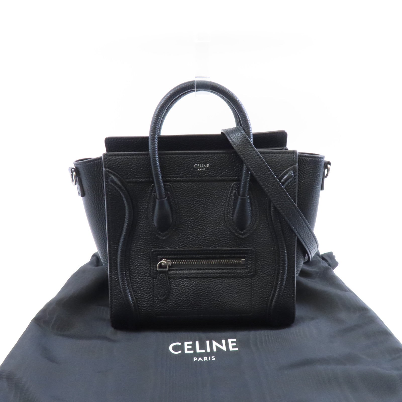 CELINE 牛皮皮革Nano Luggage銀扣手挽肩背兩用袋黑色