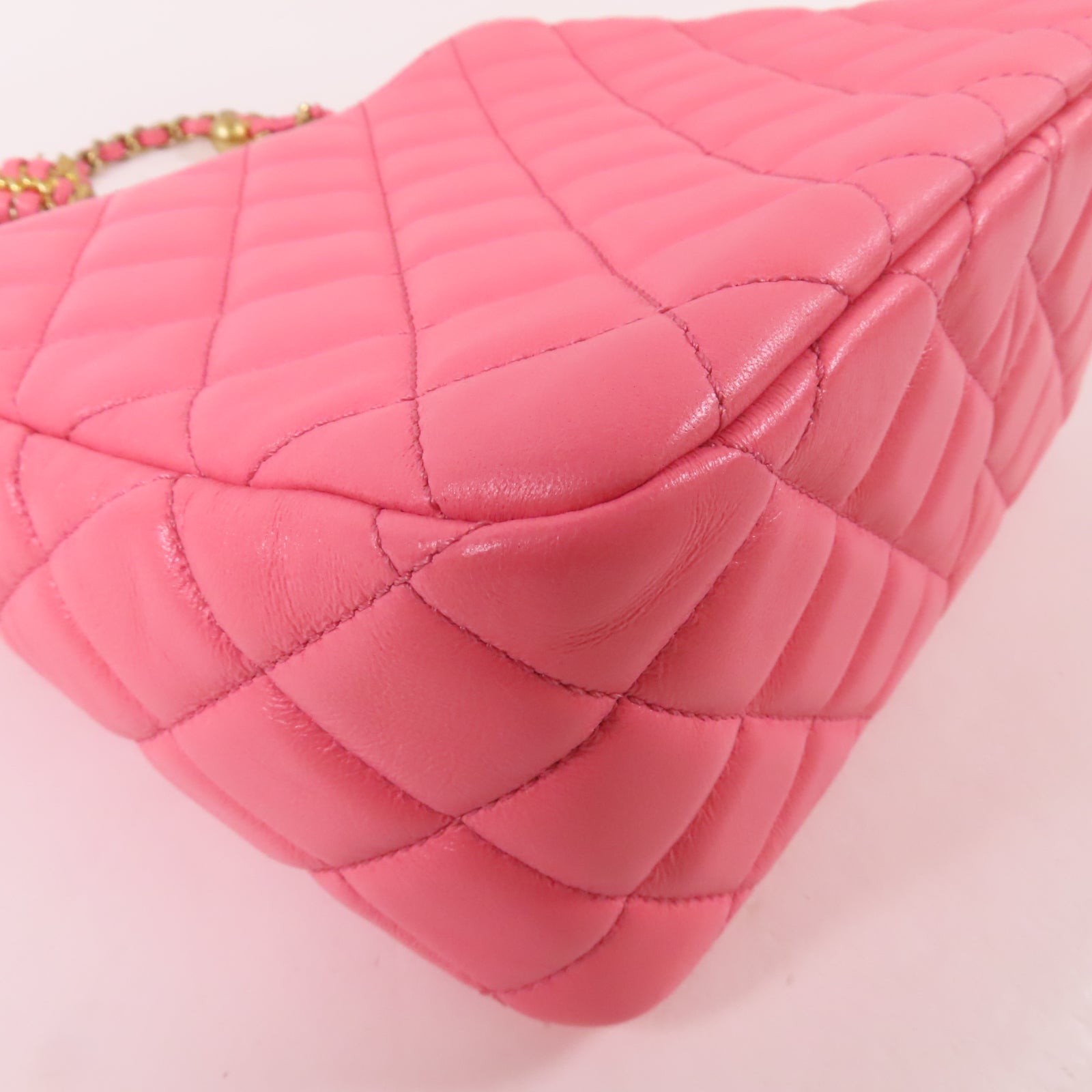 CHANEL 【激減優惠】菱格羊皮皮革Chain Shoulder金扣鏈帶肩背袋粉紅色