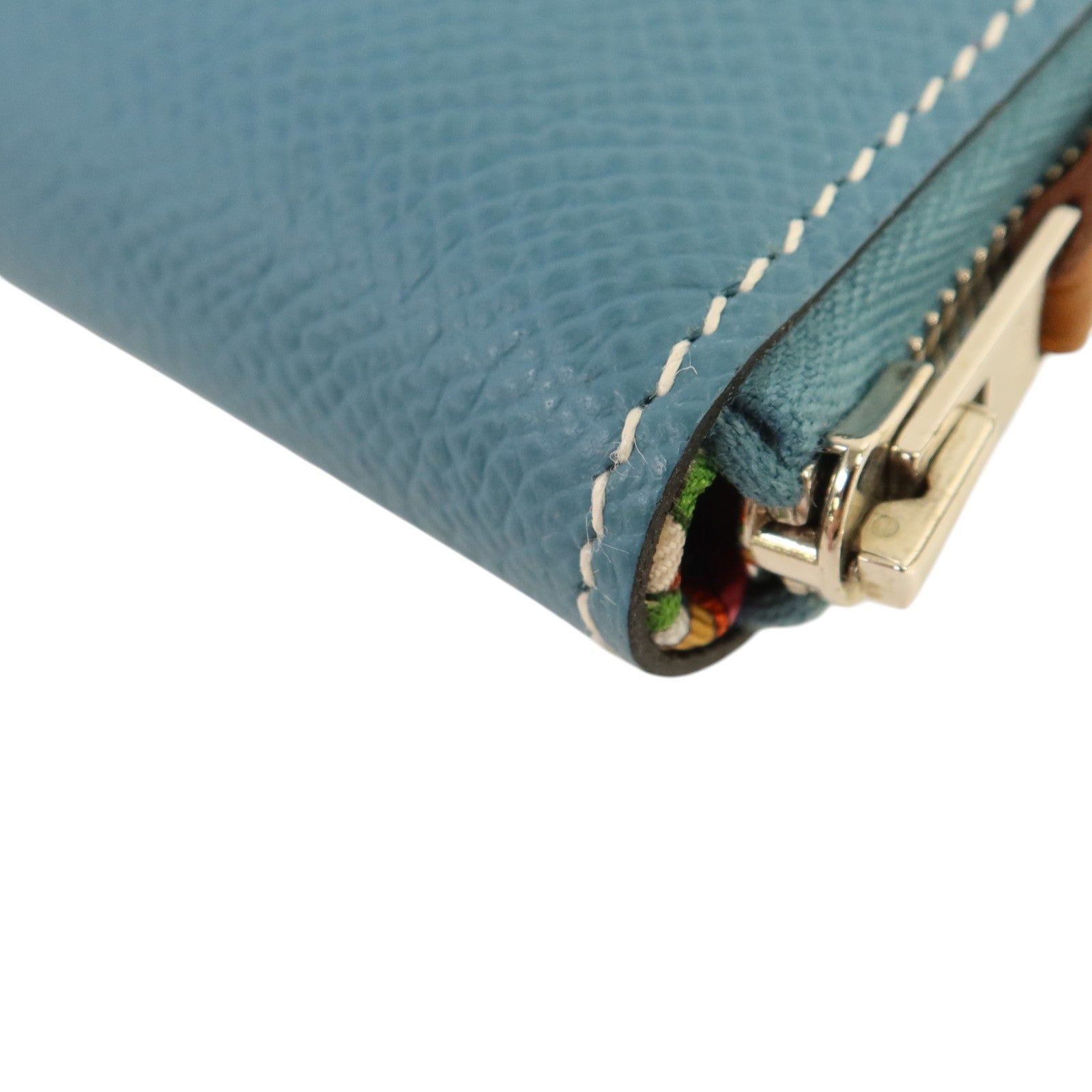 HERMES Epsom皮革Silk In Compact銀扣錢包Blue Jeans