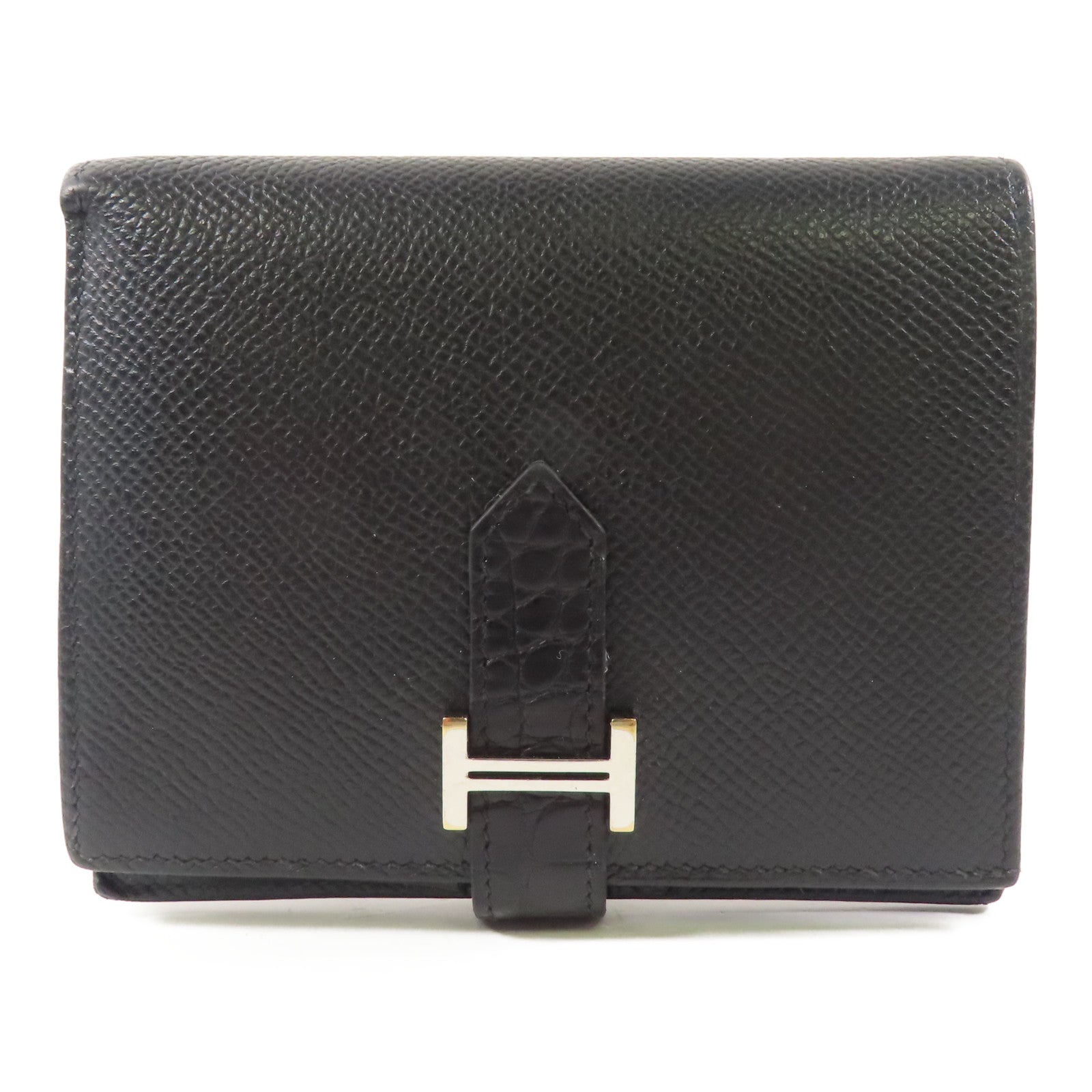 HERMES Epsom皮革/Alligator皮革Bearn Compact銀扣錢包Noir