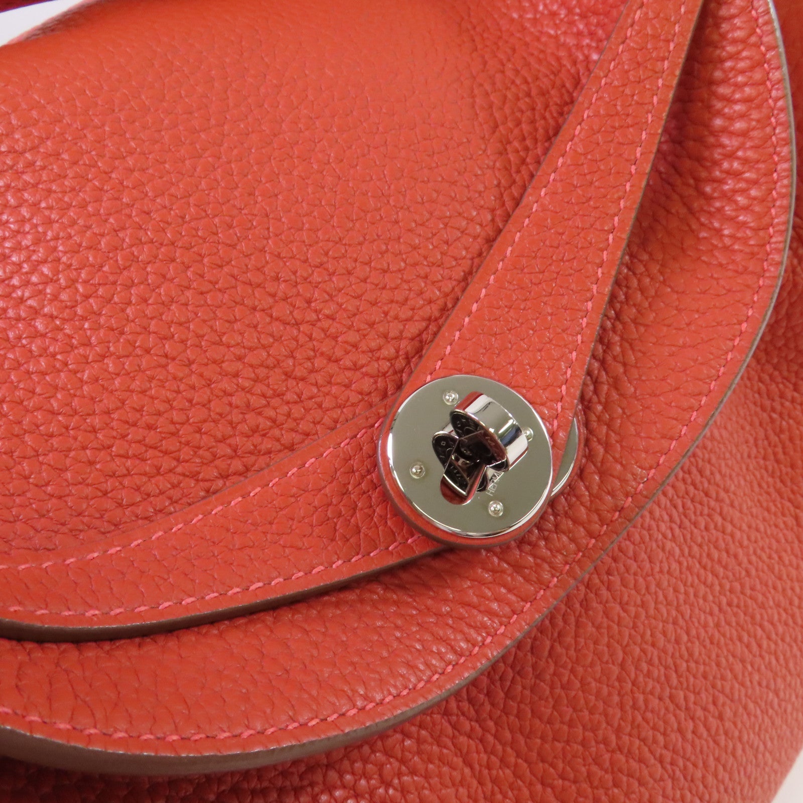 HERMES Clemence皮革Lindy 30 Shoulder Bag銀扣肩背袋Sanguine三文魚色/Rouge Pivoine牡丹紅色