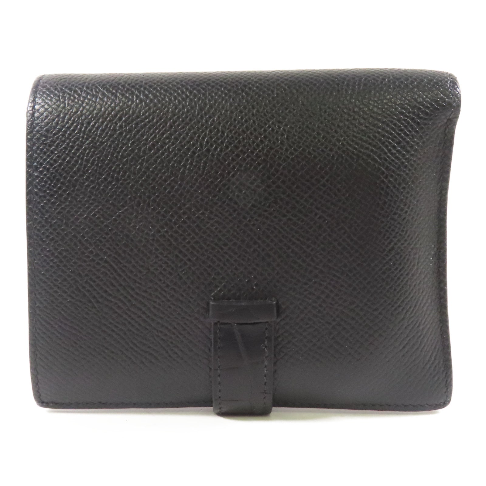 HERMES Epsom皮革/Alligator皮革Bearn Compact銀扣錢包Noir