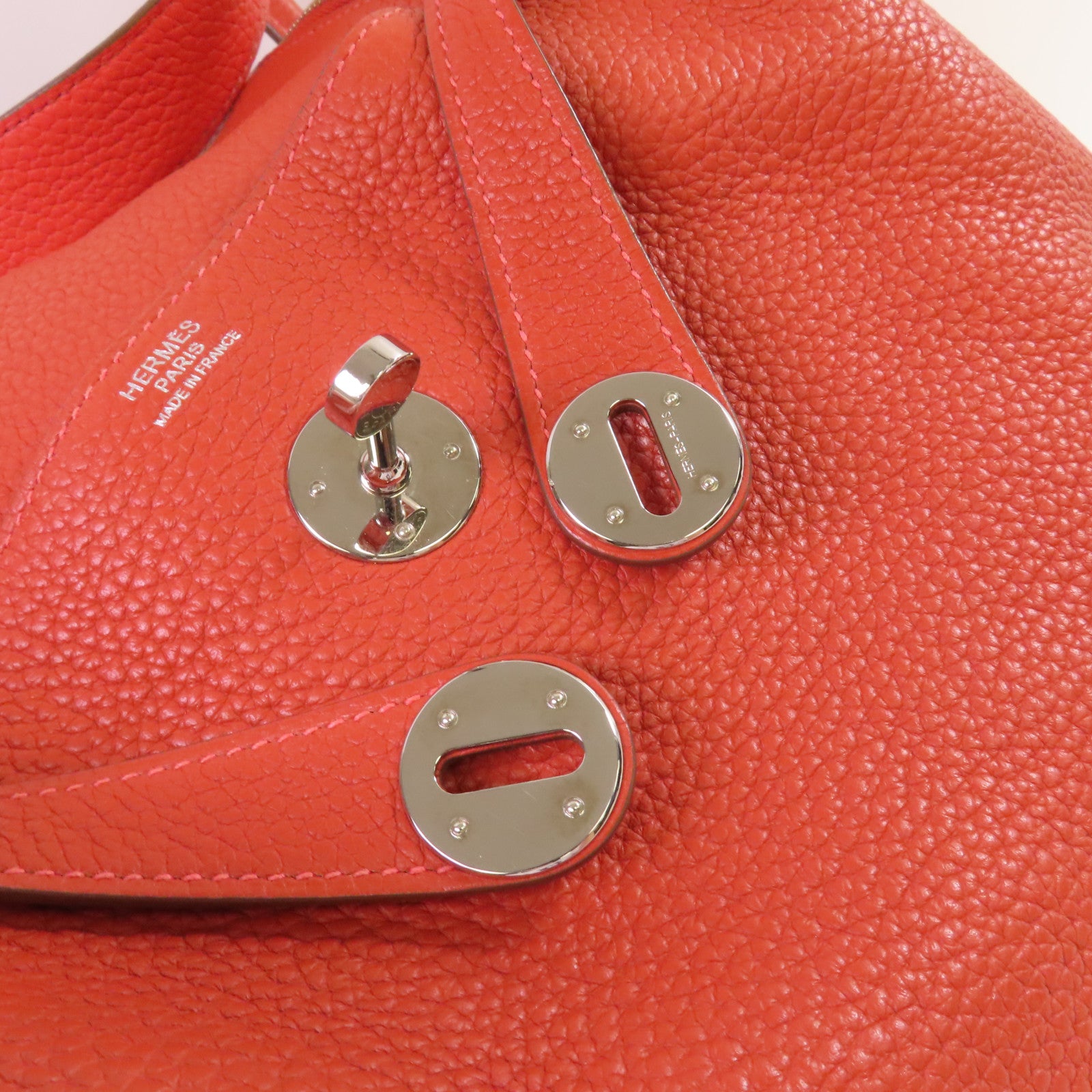 HERMES Clemence皮革Lindy 30 Shoulder Bag銀扣肩背袋Sanguine三文魚色/Rouge Pivoine牡丹紅色