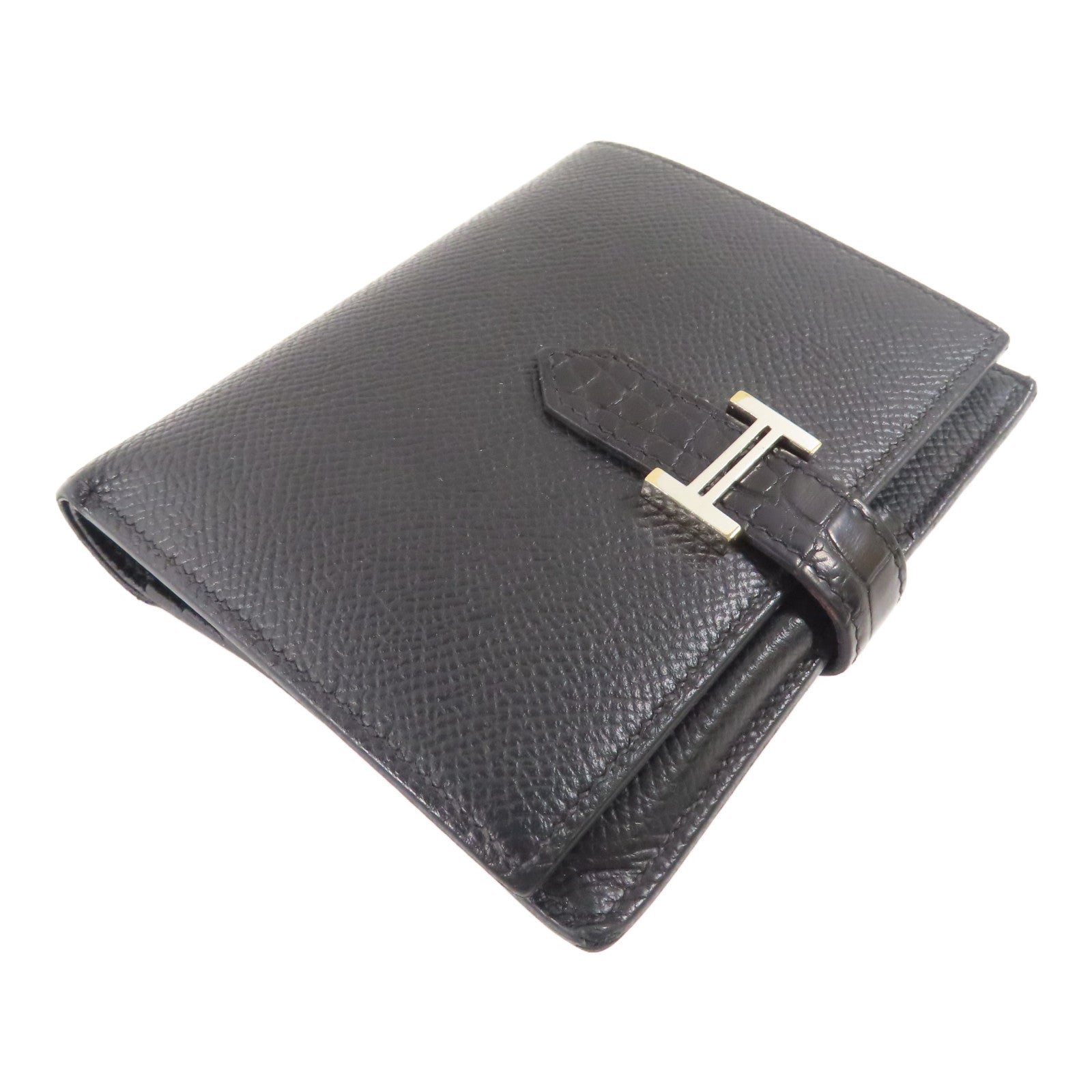 HERMES 【激減優惠】Epsom皮革/Alligator皮革Bearn Compact銀扣錢包Noir