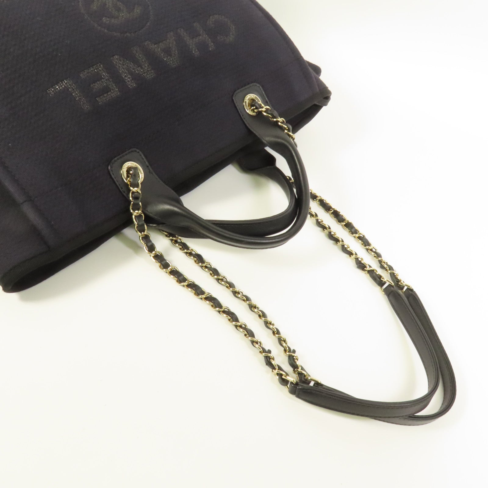 CHANEL 帆布Deauville Tote金扣手挽肩背兩用袋
