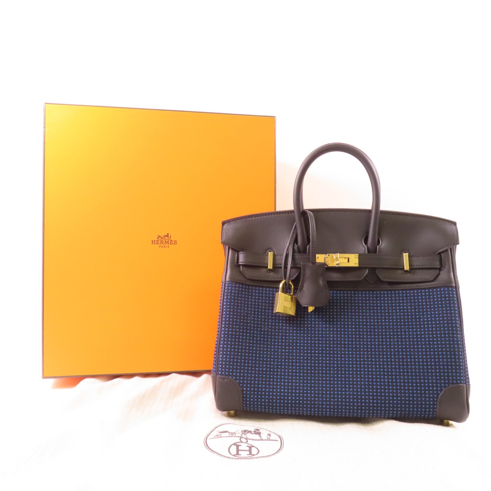 HERMES Swift皮革/Toile Birkin 25金扣手挽袋Noir/Blue Egee