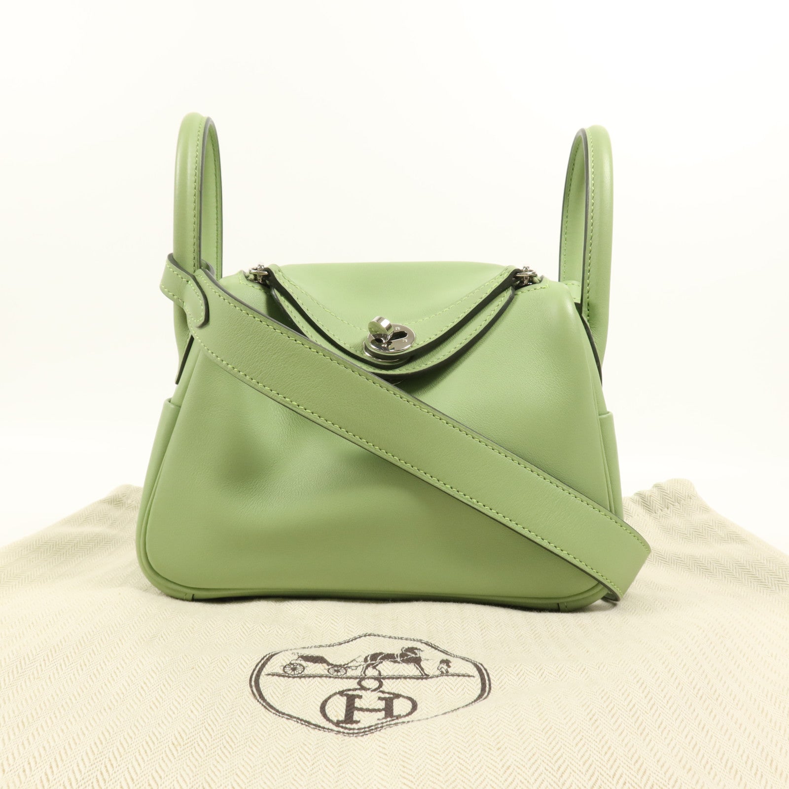 HERMES 【激減優惠】Swift皮革Mini Lindy銀扣手挽肩背兩用袋Vert Criquet