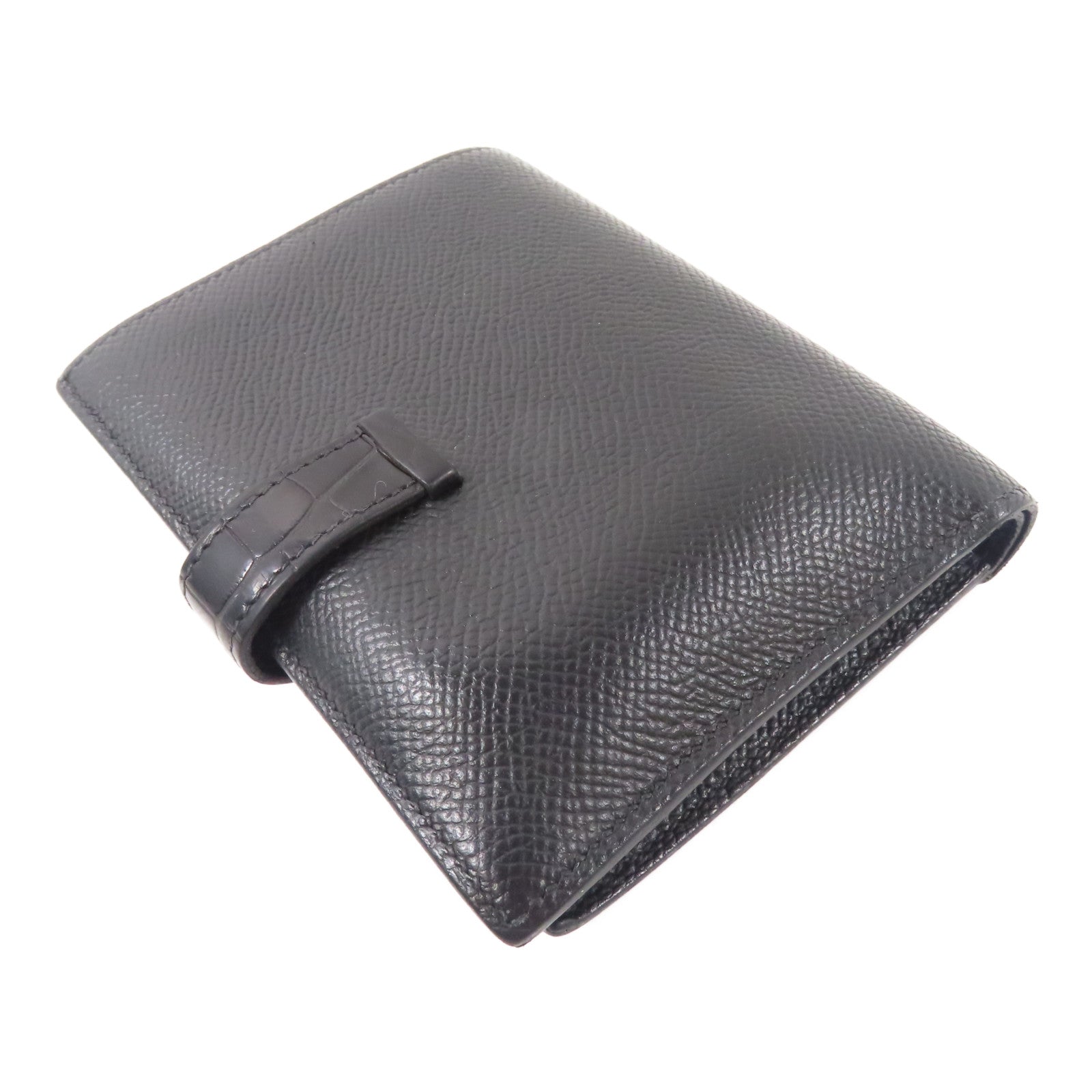 HERMES Epsom皮革/Alligator皮革Bearn Compact銀扣錢包Noir