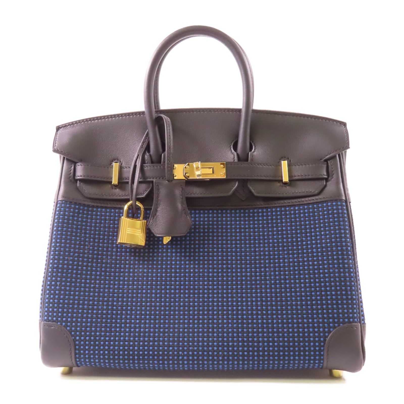 HERMES Swift皮革/Toile Birkin 25金扣手挽袋Noir/Blue Egee