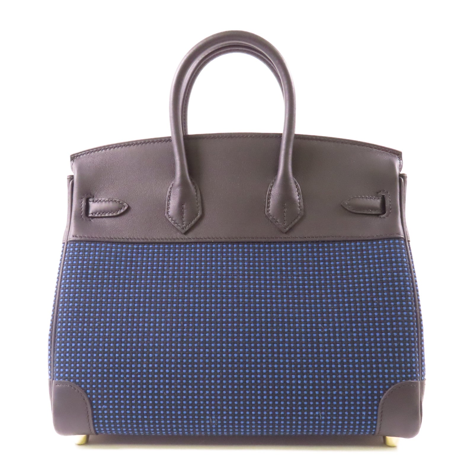 HERMES Swift皮革/Toile Birkin 25金扣手挽袋Noir/Blue Egee
