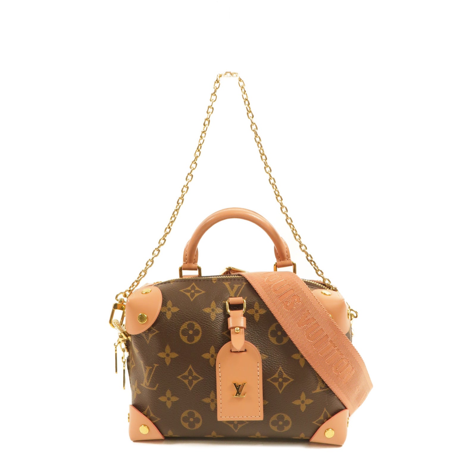 LOUIS VUITTON Monogram Petite Malle Souple金扣手挽肩背兩用袋棕色/粉紅色
