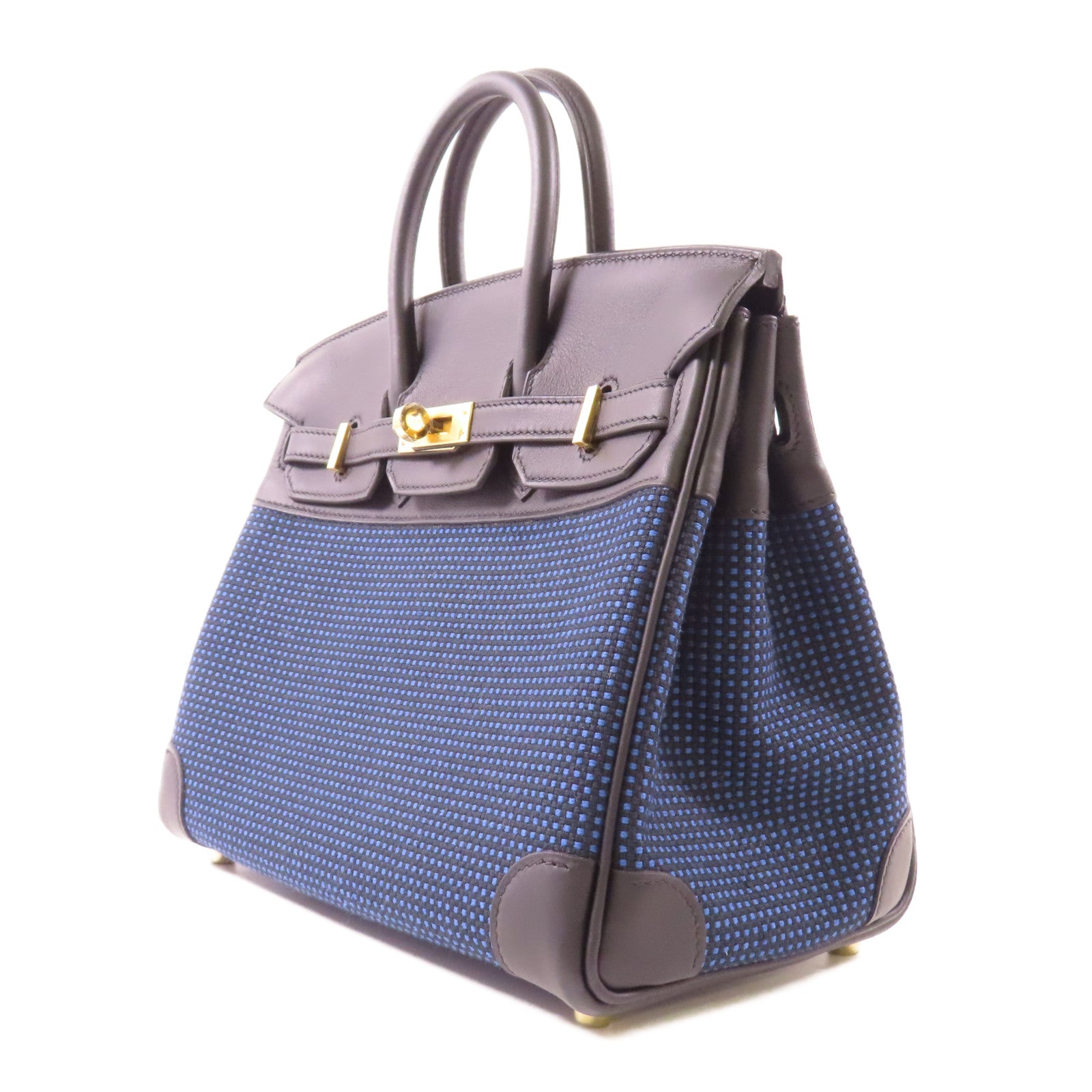 HERMES Swift皮革/Toile Birkin 25金扣手挽袋Noir/Blue Egee