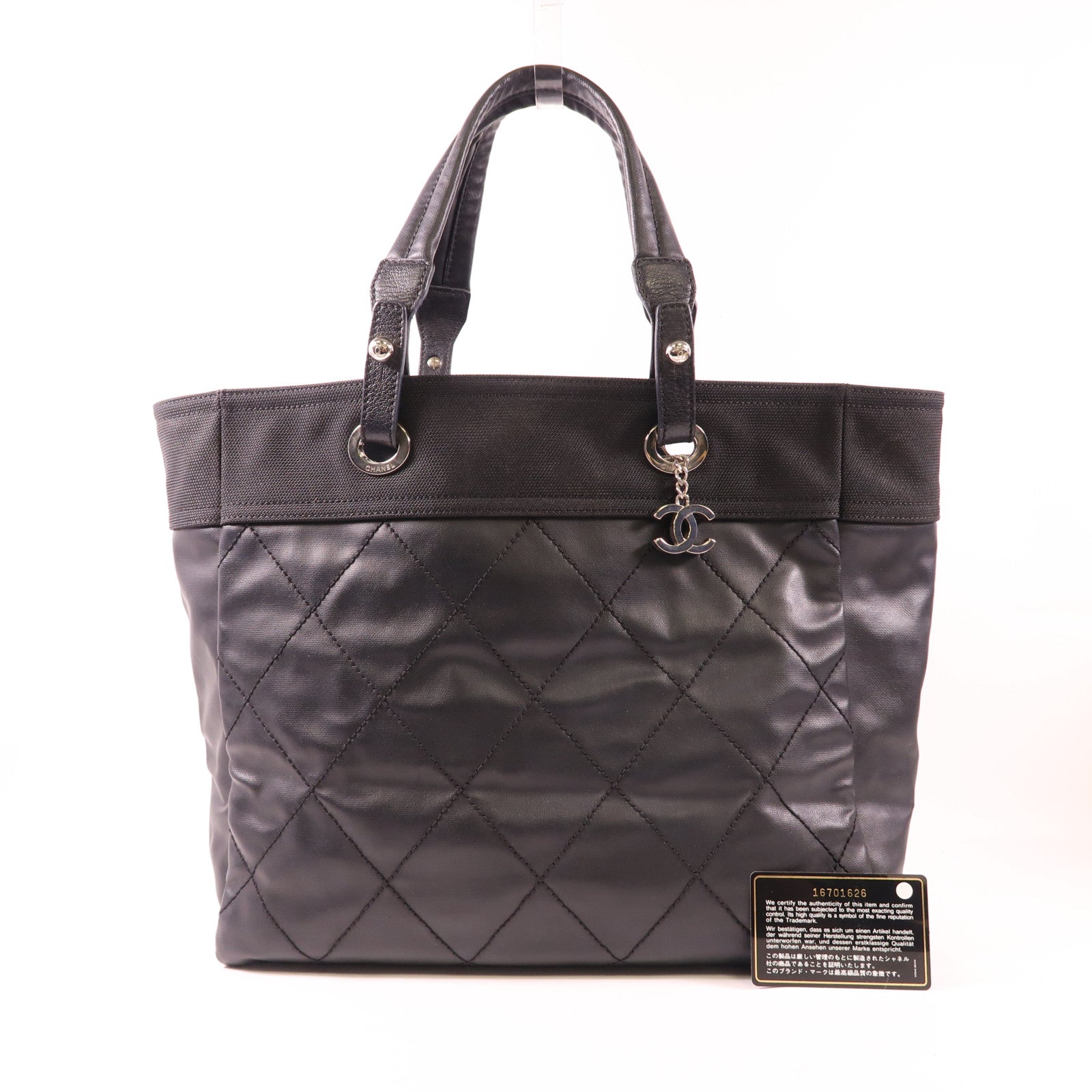 CHANEL 皮革/尼龍Paris Biarritz Tote銀扣手挽袋