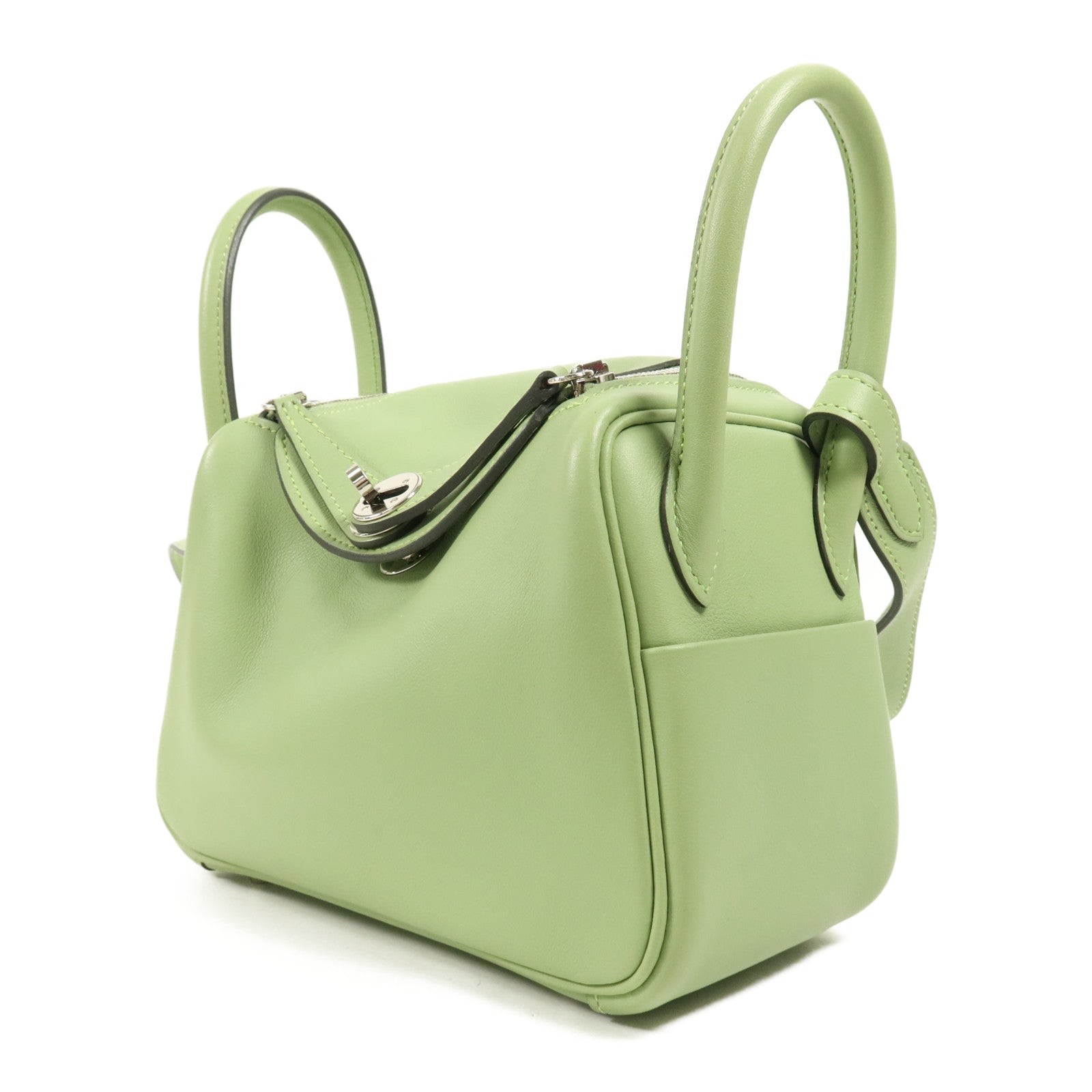 HERMES Swift皮革Mini Lindy銀扣手挽肩背兩用袋Vert Criquet