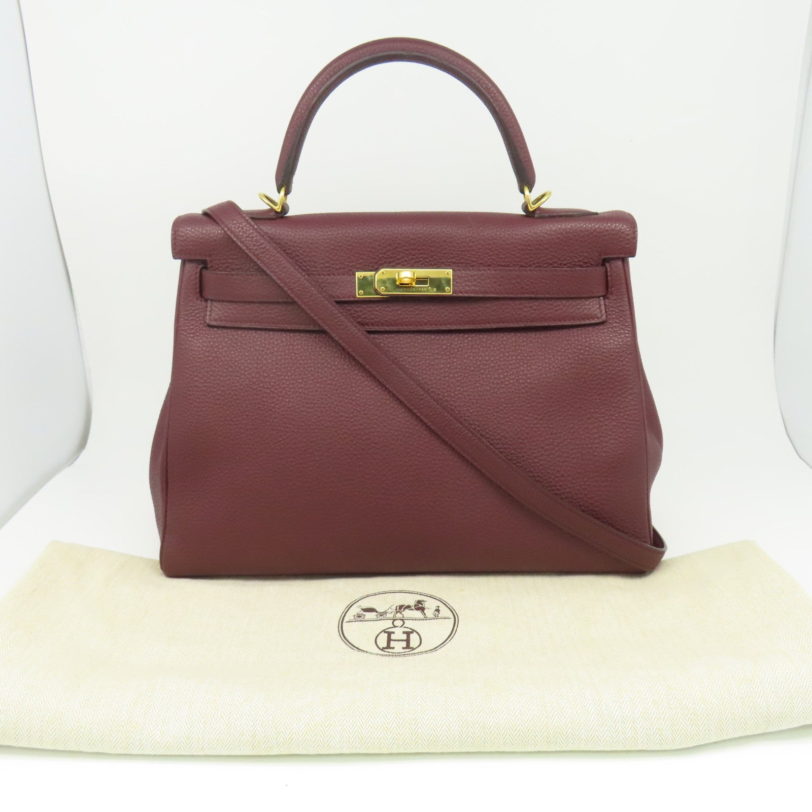 HERMES 【清倉大減價】Clemence皮革Kelly 32金扣手挽肩背兩用袋紅色